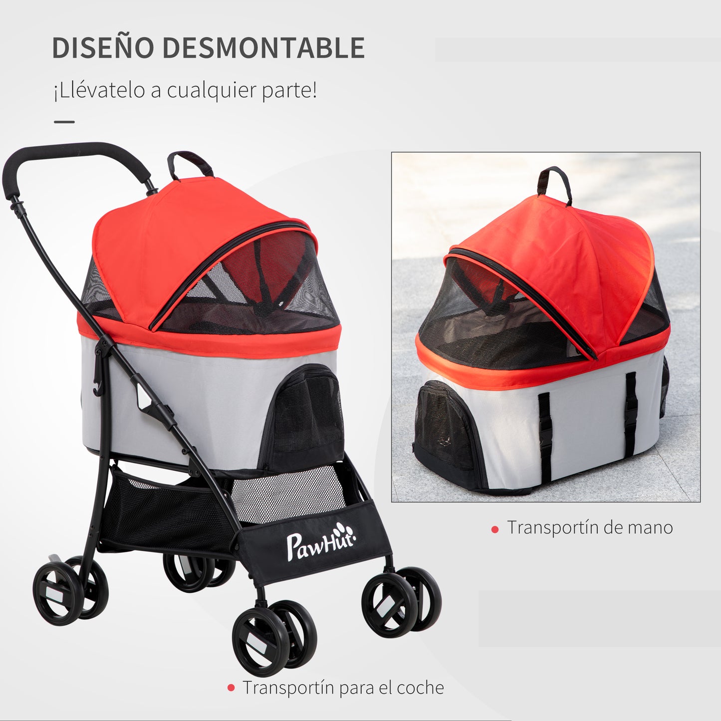 PawHut Carrito para Perros Plegable 3 en 1 Cochecito para Mascotas Carrito para Perros Pequeños con Vagón Desmontable Cesta de Almacenaje Correas de Seguridad y Cojín Rojo