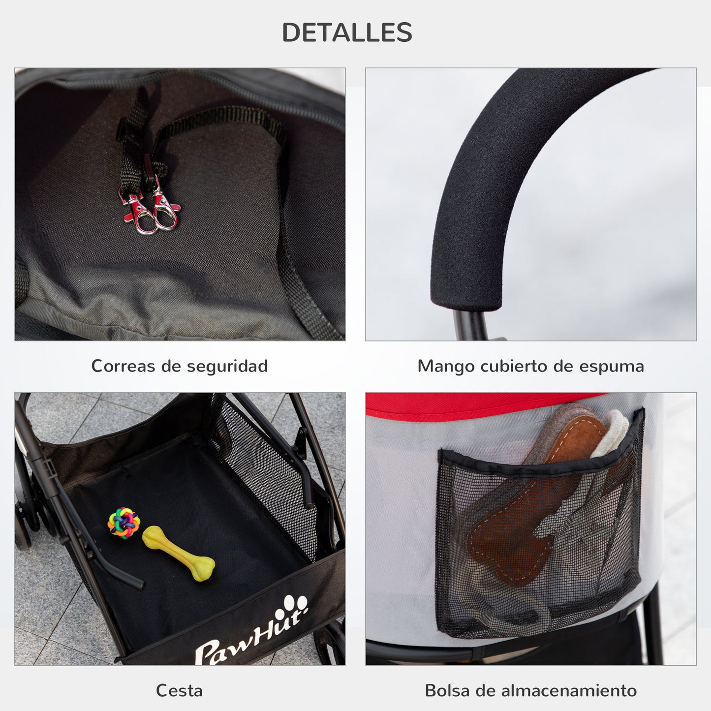 PawHut Carrito para Perros Plegable 3 en 1 Cochecito para Mascotas Carrito para Perros Pequeños con Vagón Desmontable Cesta de Almacenaje Correas de Seguridad y Cojín Rojo