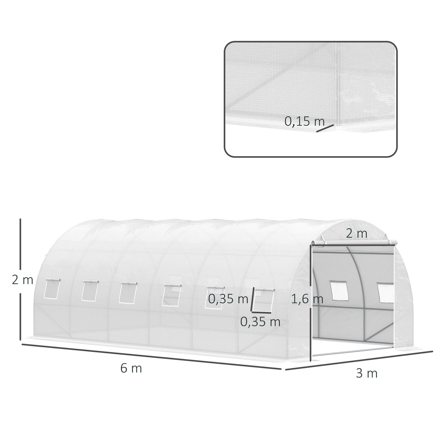 Outsunny Invernadero de Túnel 6x3x2 m Invernadero de Jardín con Puerta Enrollable 12 Ventanas Cubierta de PE 140 g/m² y Metal Galvanizado para Cultivos Plantas Verduras Blanco