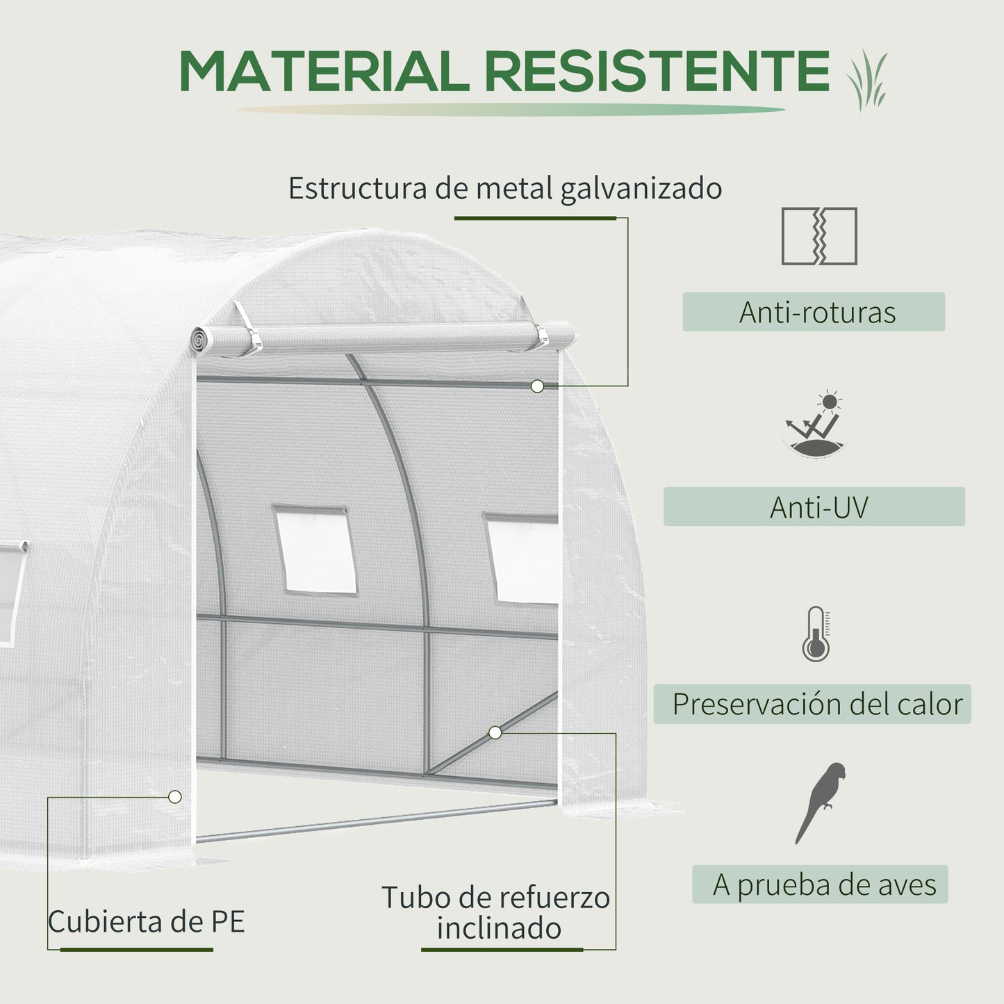 Outsunny Invernadero de Túnel 6x3x2 m Invernadero de Jardín con Puerta Enrollable 12 Ventanas Cubierta de PE 140 g/m² y Metal Galvanizado para Cultivos Plantas Verduras Blanco