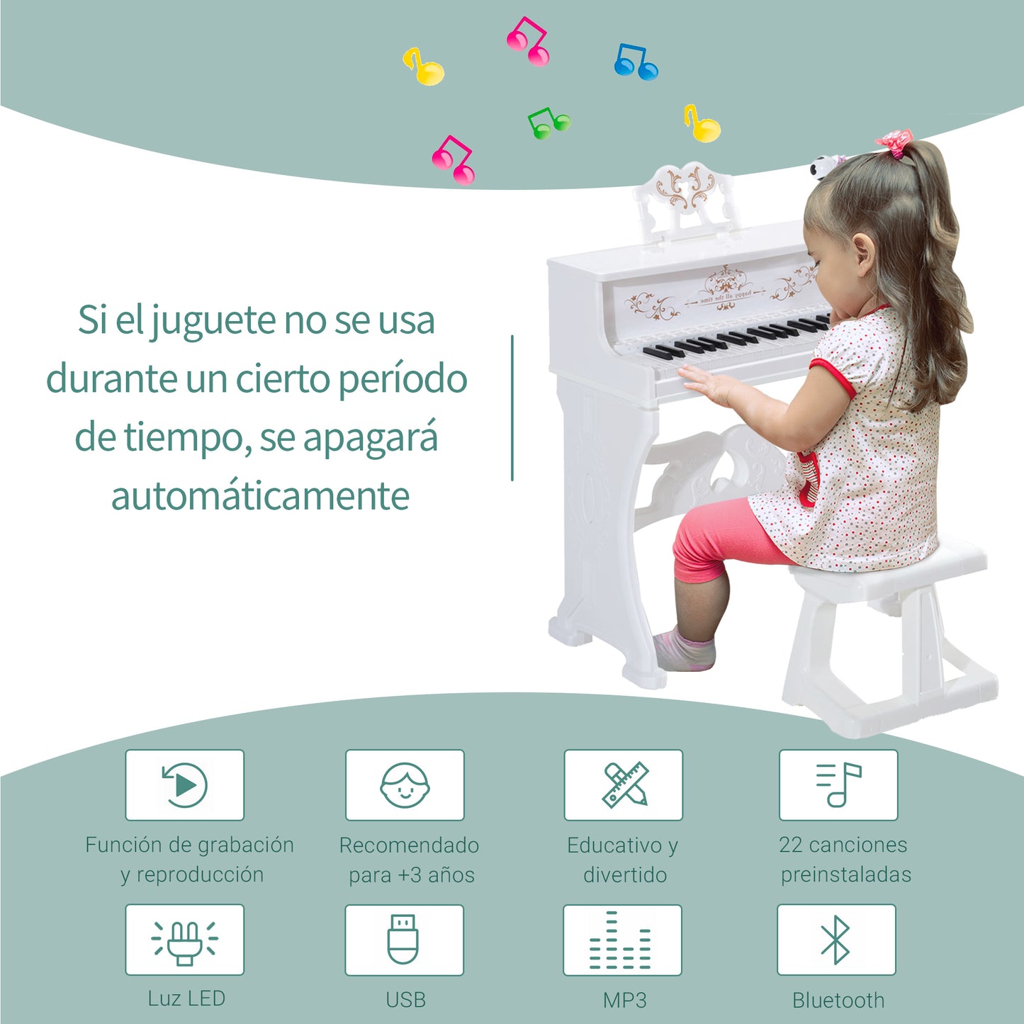 HOMCOM Piano Electrónico Infantil de 37 Teclas Juego de Piano con Modelo Pedagógico Micrófono Taburete Luces y 22 Canciones USB/MP3/Bluetooth Karaoke 53,5x27x63 cm Blanco