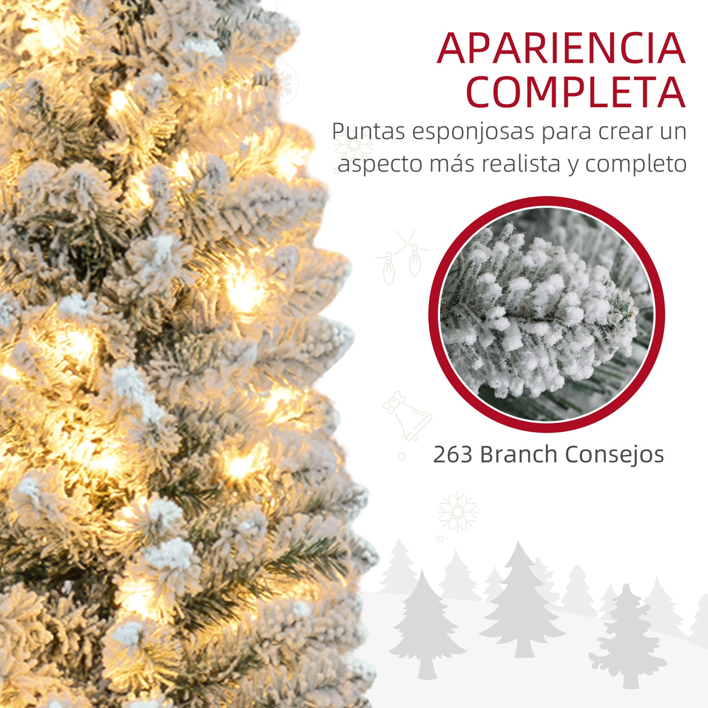 HOMCOM Árbol de Navidad 150 cm Árbol de Navidad Artificial Nevado con 120 Luces LED 263 Ramas y Soporte de Metal Árbol de Navideño para Salón Verde y Blanco