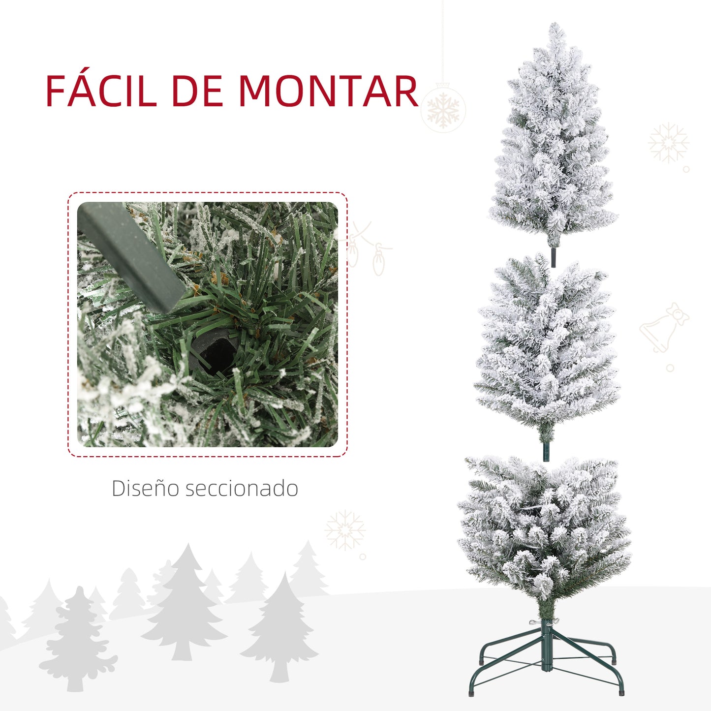 HOMCOM Árbol de Navidad 150 cm Árbol de Navidad Artificial Nevado con 120 Luces LED 263 Ramas y Soporte de Metal Árbol de Navideño para Salón Verde y Blanco