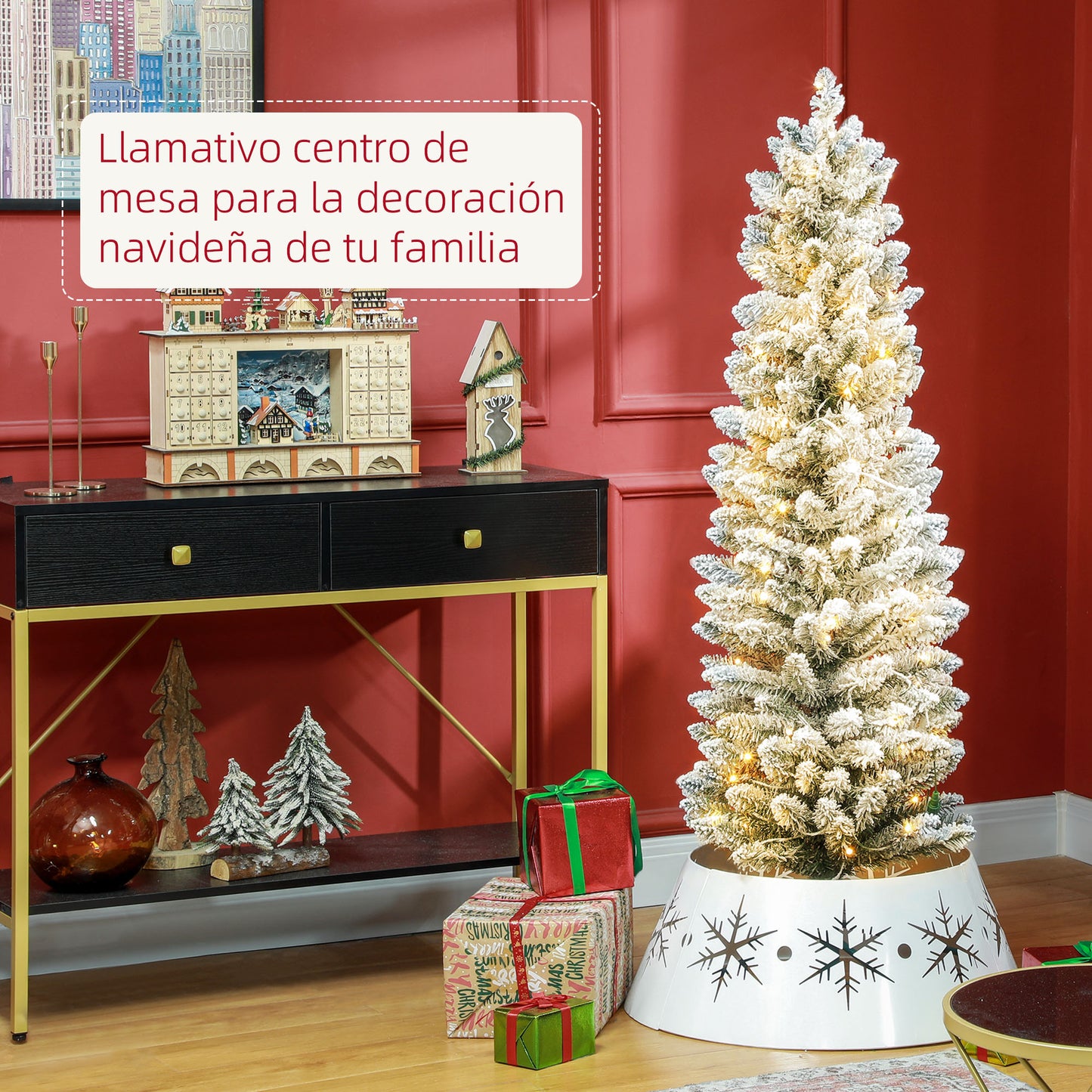 HOMCOM Árbol de Navidad 150 cm Árbol de Navidad Artificial Nevado con 120 Luces LED 263 Ramas y Soporte de Metal Árbol de Navideño para Salón Verde y Blanco