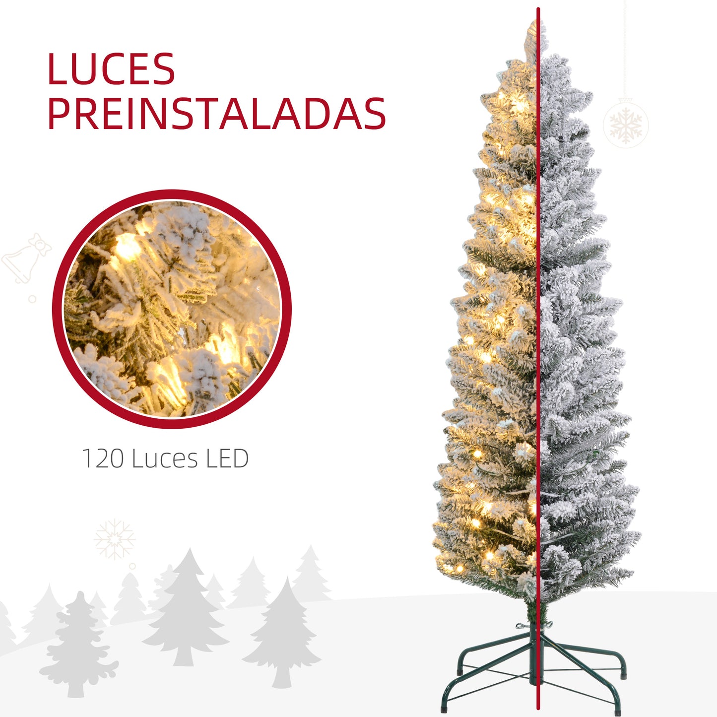 HOMCOM Árbol de Navidad 150 cm Árbol de Navidad Artificial Nevado con 120 Luces LED 263 Ramas y Soporte de Metal Árbol de Navideño para Salón Verde y Blanco