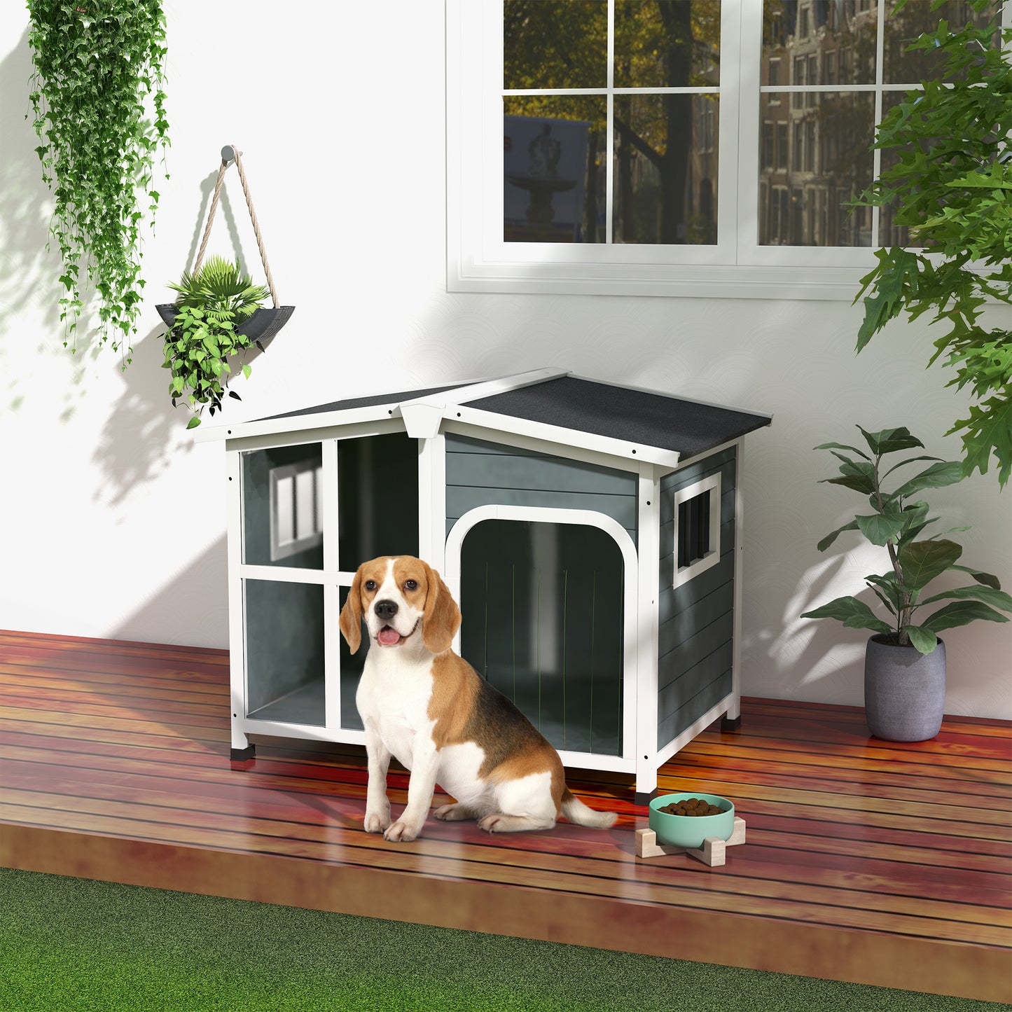 PawHut Caseta para Perros Casa para Perros Pequeños de Madera con Techo Abatible Frontal de Acrílico Puerta con Cortina y Fondo Extraíble 101x66,5x70,5 cm Gris Oscuro