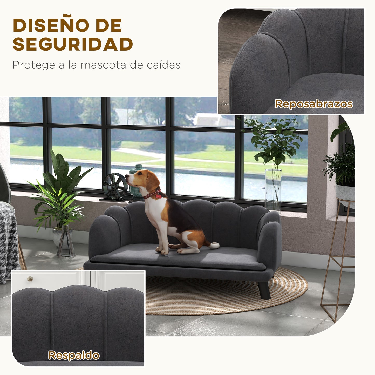 PawHut Sofá para Perros Medianos Sofá Cama para Mascotas Gatos Tapizado en Terciopelo con Patas de Madera Carga 25 kg 98,5x60,5x35,5 cm Gris Oscuro