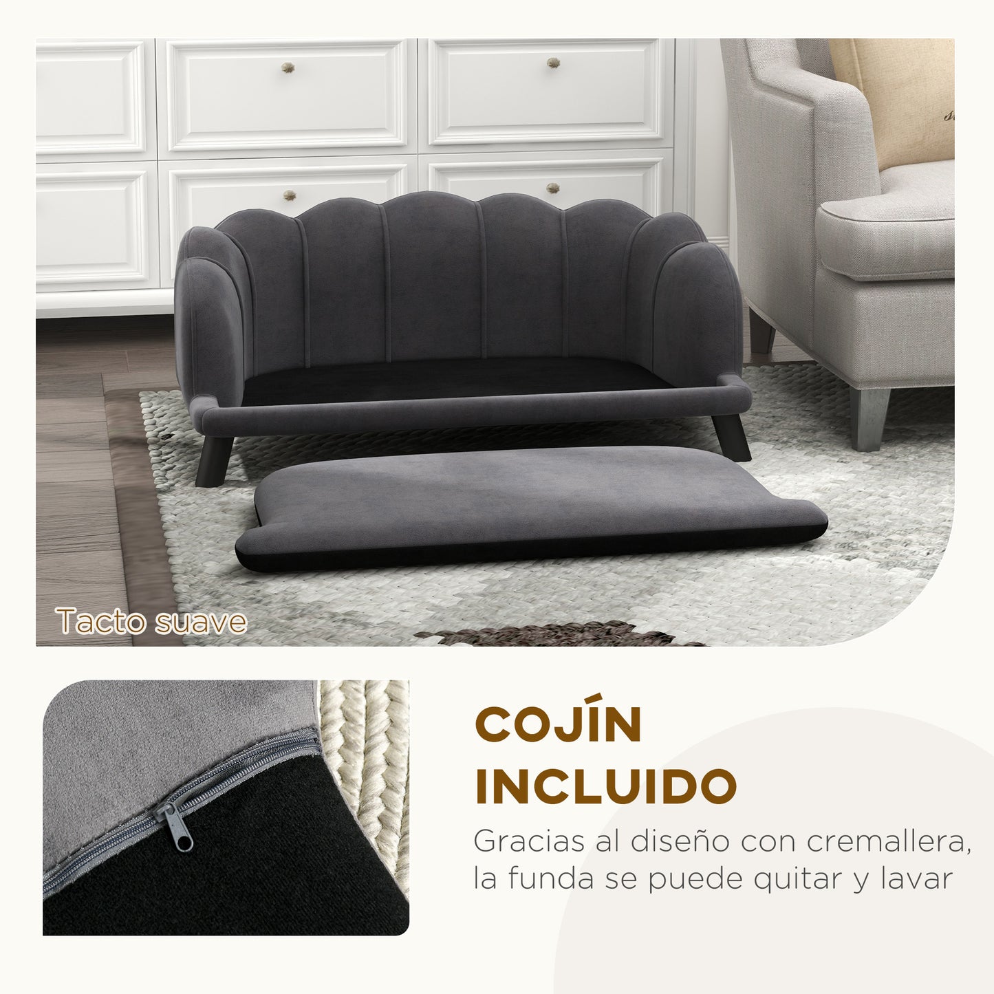 PawHut Sofá para Perros Medianos Sofá Cama para Mascotas Gatos Tapizado en Terciopelo con Patas de Madera Carga 25 kg 98,5x60,5x35,5 cm Gris Oscuro