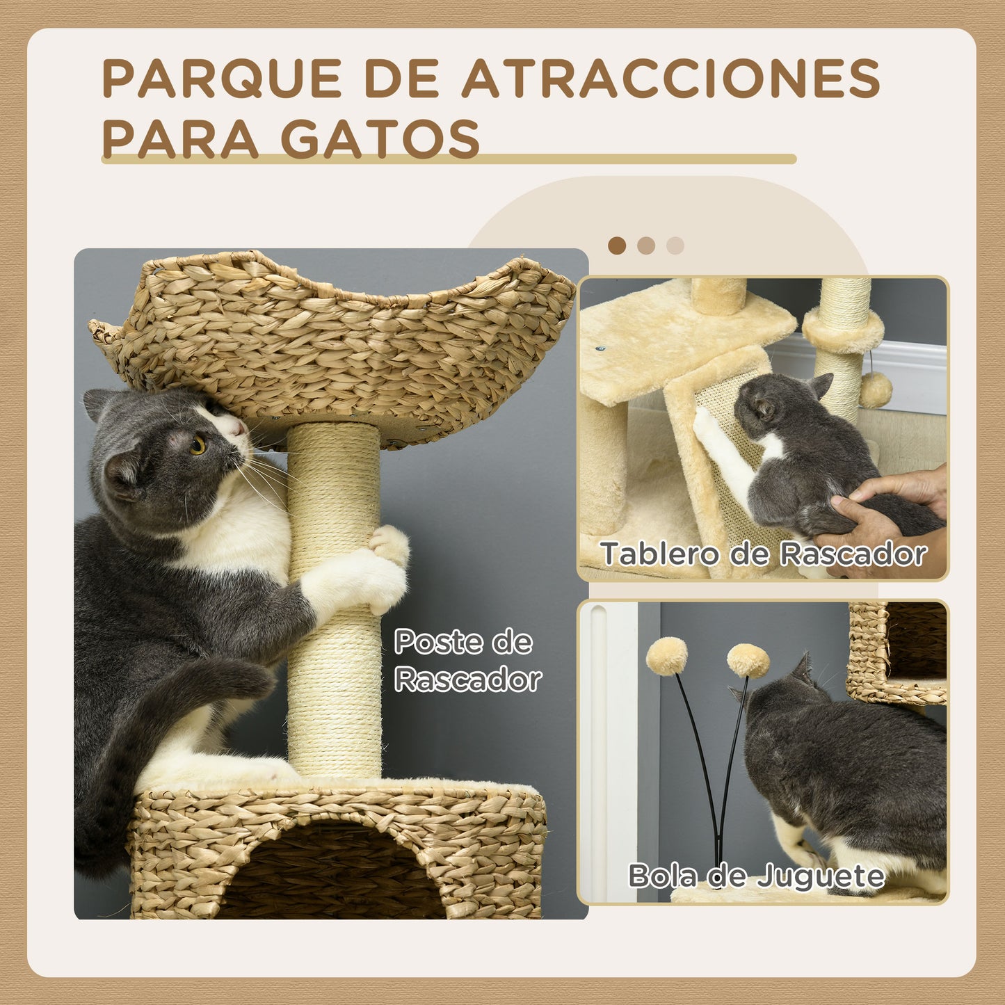 PawHut Árbol Rascador para Gatos de 116 cm Torre para Gatos Interior con Postes para Rascar Cama Cueva de Espadañas Rampa y Bolas 45x40x116 cm Beige