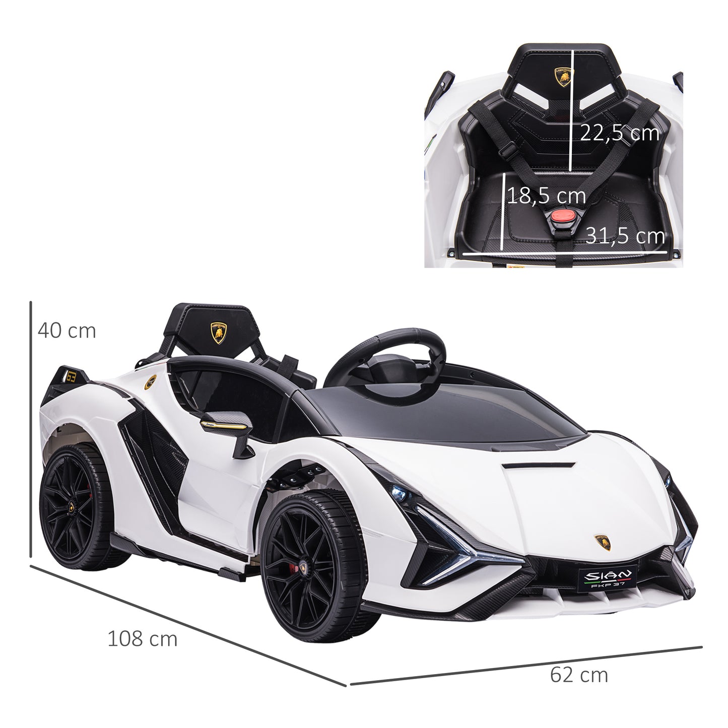 HOMCOM Coche Eléctrico Lamborghini SIAN 12V para Niños de +3 Años con Mando a Distancia Apertura de Puerta Música MP3 USB y Faros 3-5 km/h 108x62x40 cm Blanco