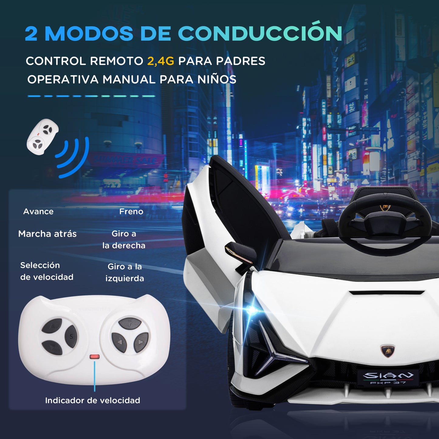 HOMCOM Coche Eléctrico Lamborghini SIAN 12V para Niños de +3 Años con Mando a Distancia Apertura de Puerta Música MP3 USB y Faros 3-5 km/h 108x62x40 cm Blanco