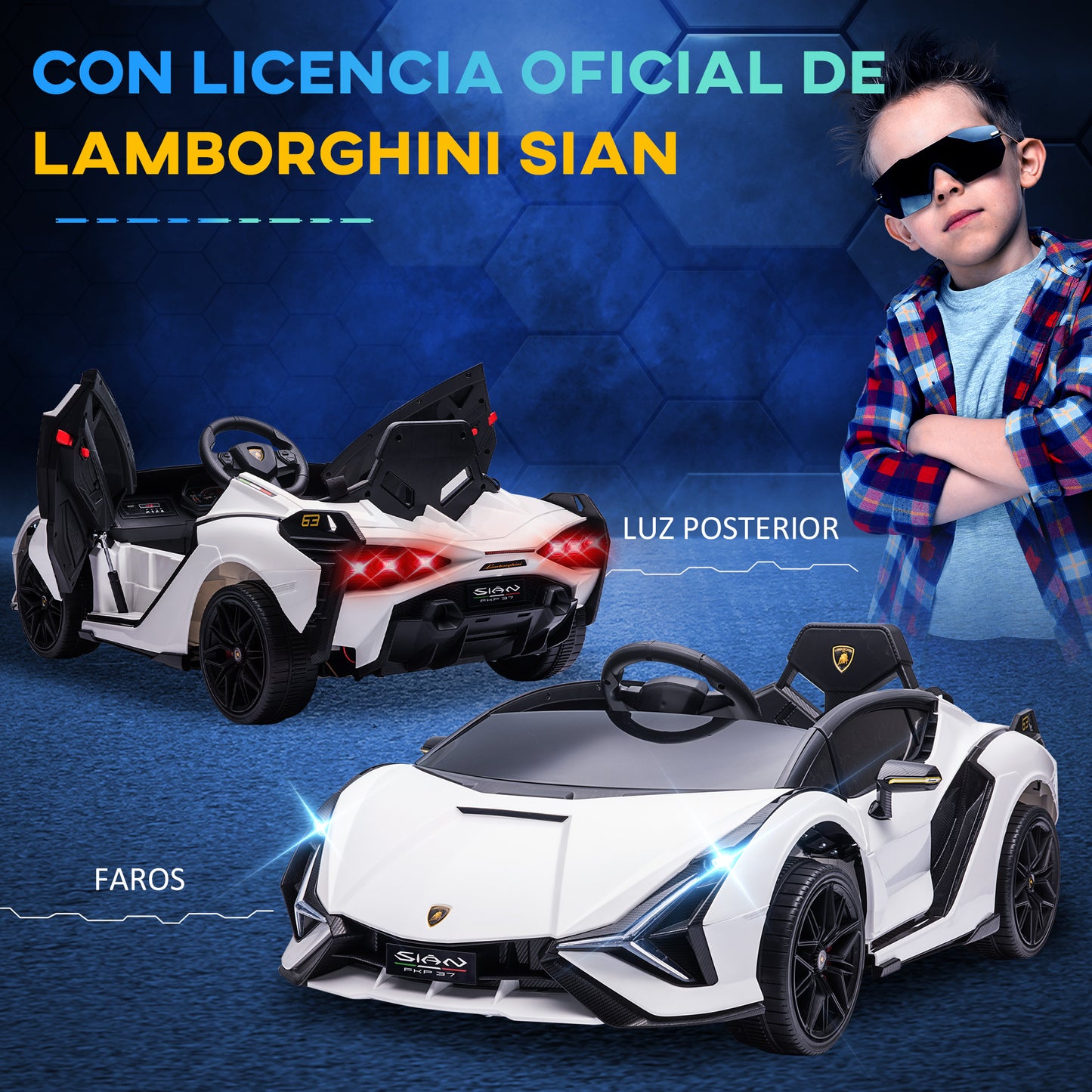 HOMCOM Coche Eléctrico Lamborghini SIAN 12V para Niños de +3 Años con Mando a Distancia Apertura de Puerta Música MP3 USB y Faros 3-5 km/h 108x62x40 cm Blanco