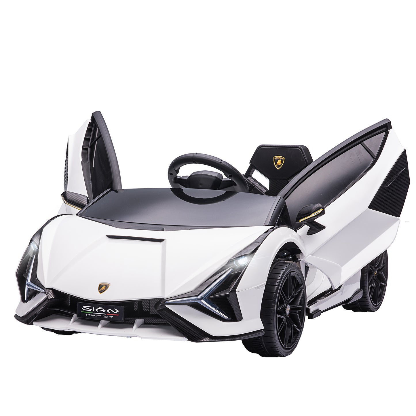 HOMCOM Coche Eléctrico Lamborghini SIAN 12V para Niños de +3 Años con Mando a Distancia Apertura de Puerta Música MP3 USB y Faros 3-5 km/h 108x62x40 cm Blanco