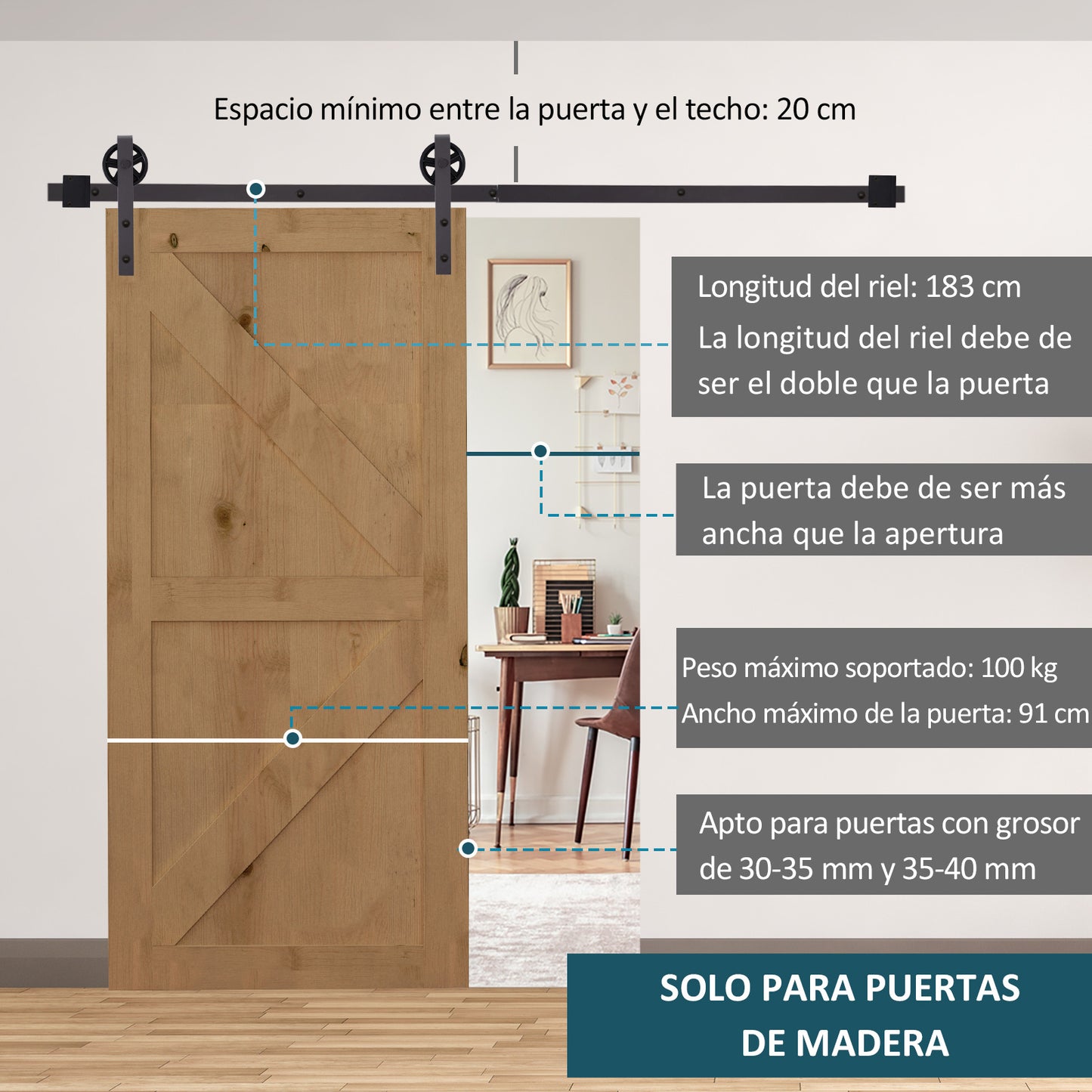 HOMCOM 6FT/183cm Herraje para Puerta Corredera Kit de Accesorios para Puerta Corrediza de Madera con Guía de Suelo Riel de Acero al Carbono Café Oscuro