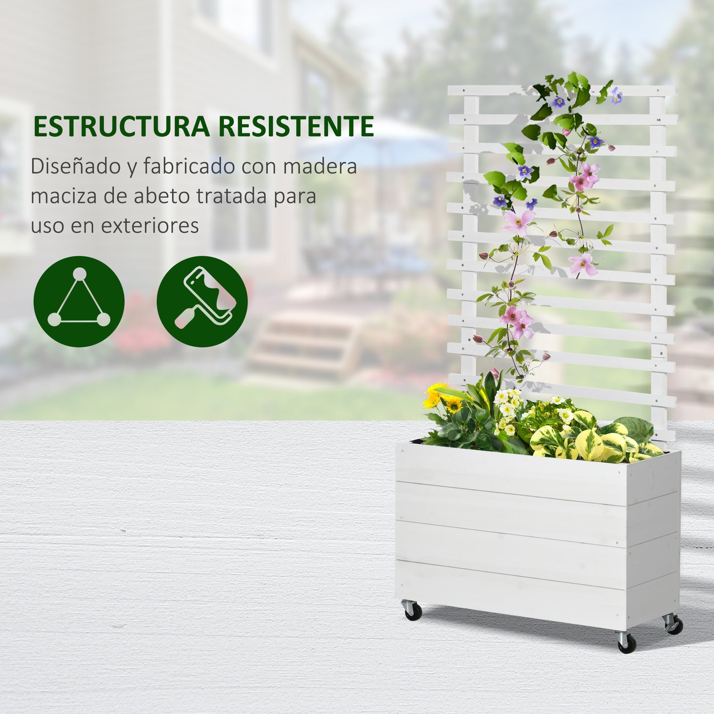 Outsunny Jardinera con Enrejado de Madera Maciza con 4 Ruedas Macetero de Jardín con Soporte para Trepadora y Tela Geotextil para Cultivos Plantas Flores 76x30x155 cm Blanco