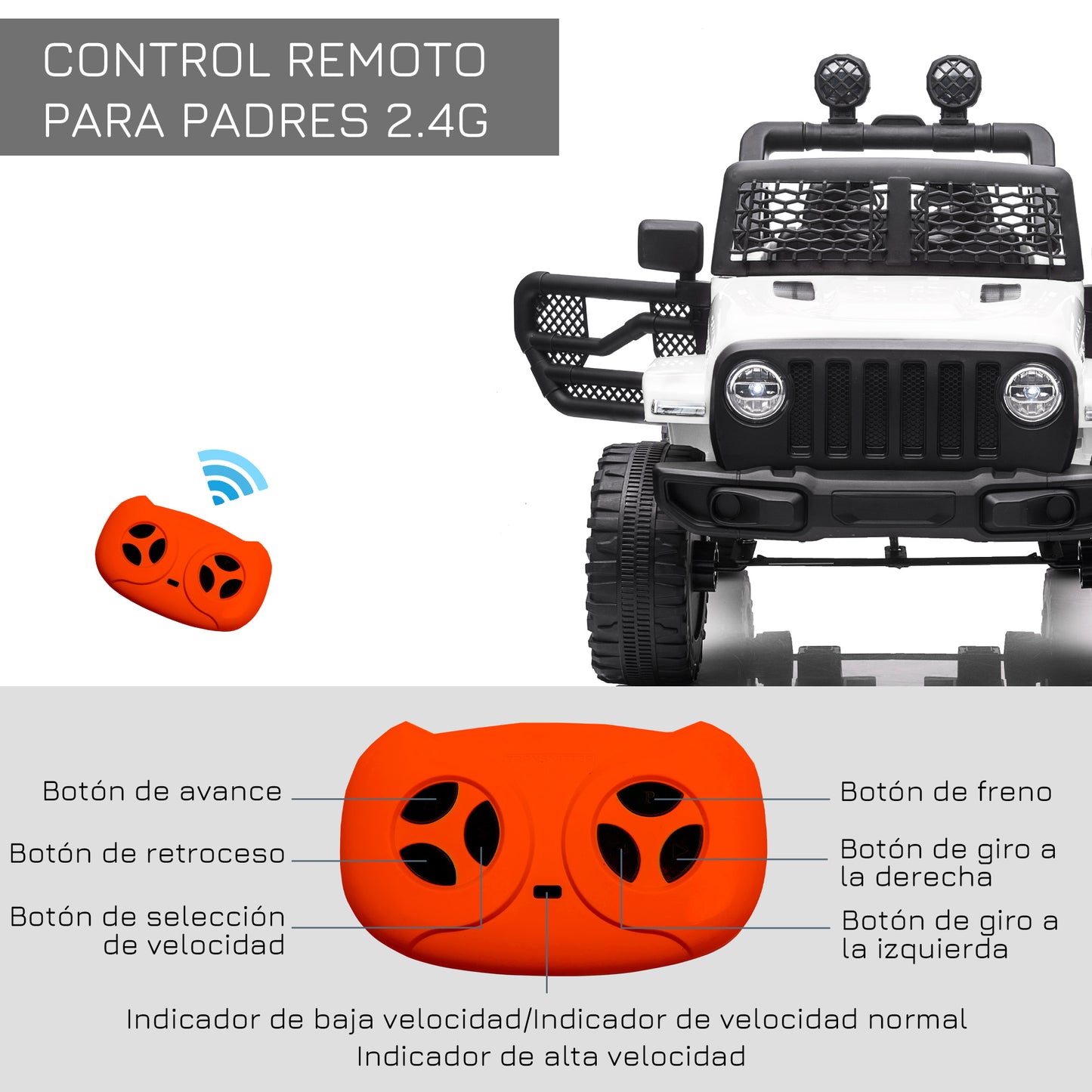 HOMCOM Coche Eléctrico para Niños de +3 Años Vehículo Todoterreno de Batería 12V con 2 Motores Control Remoto 2,4G Faros Bocina Velocidad Ajustable Carga 30 kg 100x65x72 cm Blanco