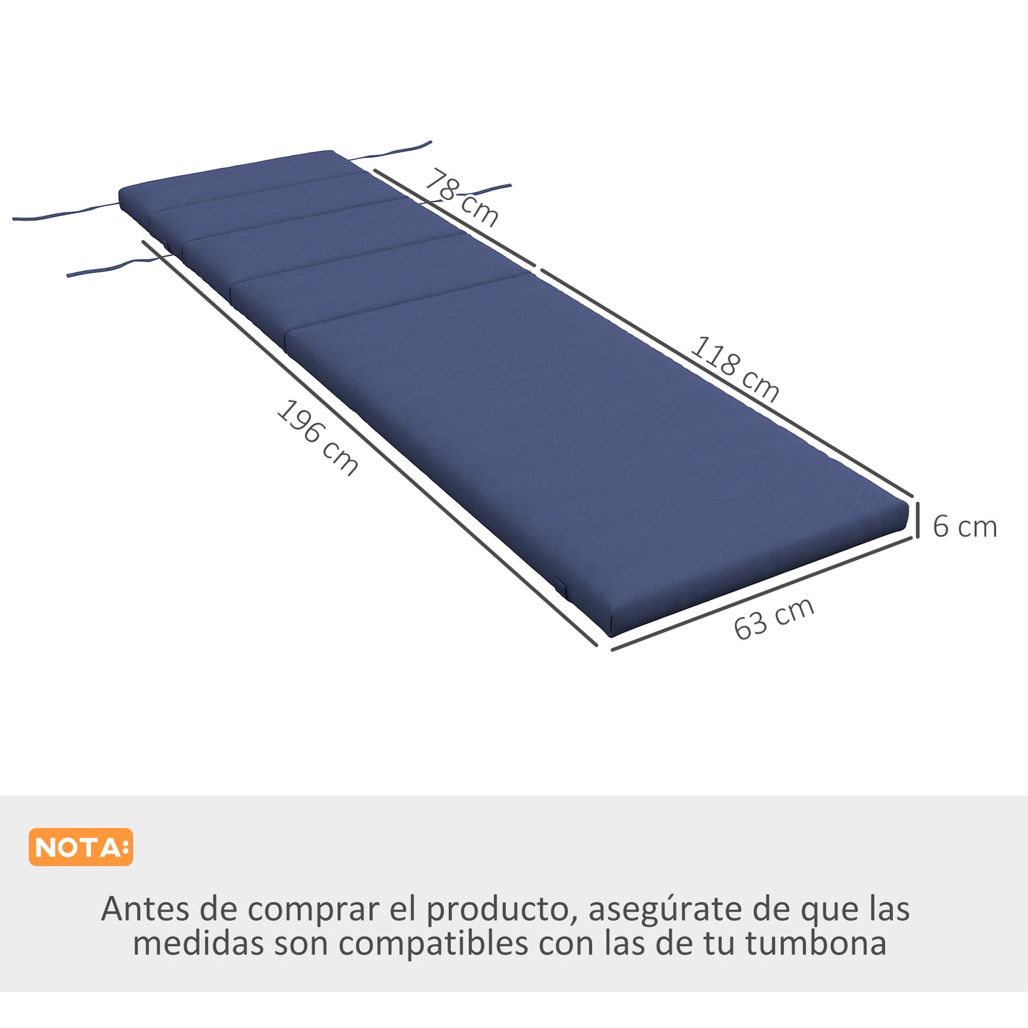 Outsunny Cojín para Tumbona 196x63x6 cm Colchoneta para Tumbona de Algodón con Tela Hidrófuga Cojín de Asiento y Respaldo para Jardín Terraza Balcón Azul Oscuro