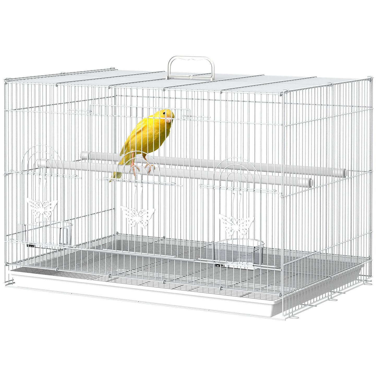 PawHut Jaula para Pájaros 60x41x41 cm Pajarera de Metal con Comederos 2 Perchas 3 Puertas y Asa de Transporte para Pájaros Pequeños Canarios Cotorras Blanco