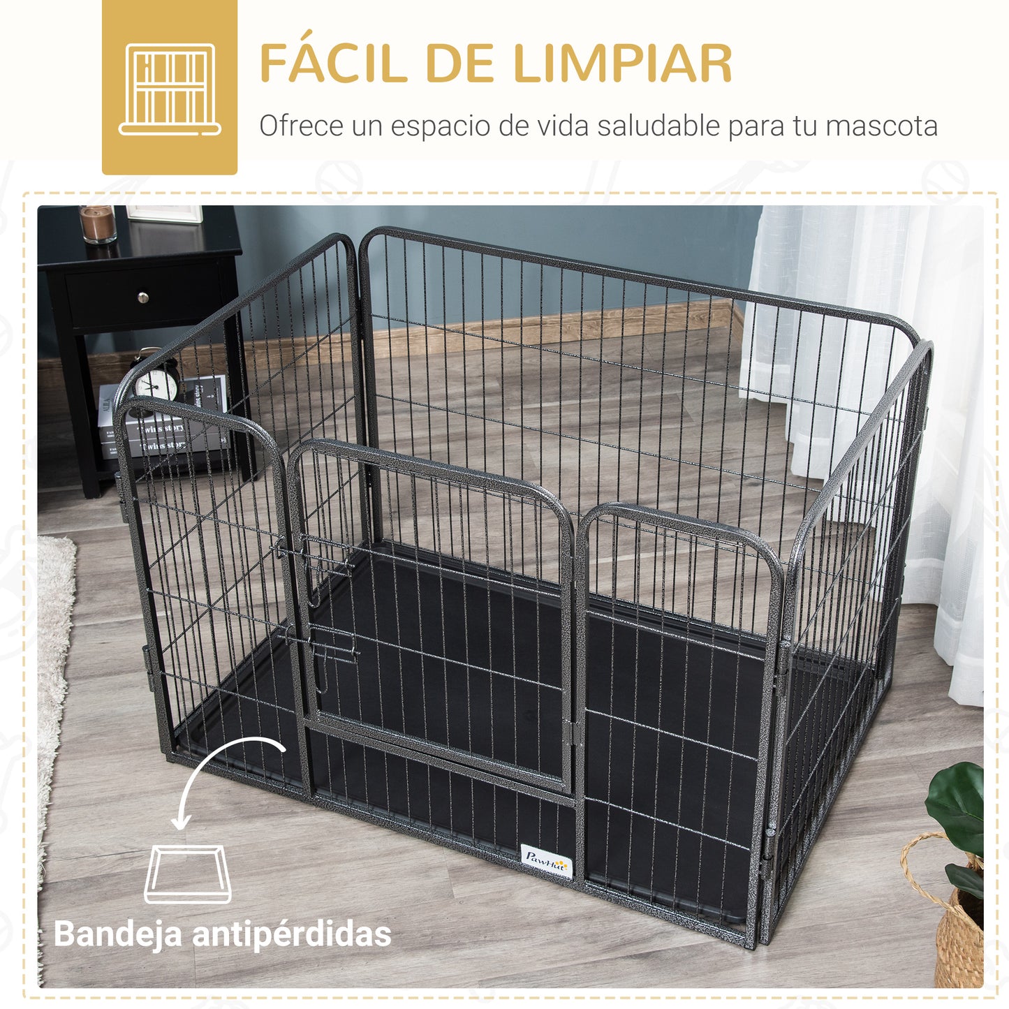 PawHut Parque para Mascotas Rectangular Parque de Juegos para Mascotas 4 Paneles de Acero 109x74x71 cm con Puerta de Doble Pestillo y Bandeja Extraíble para Exterior e Interior