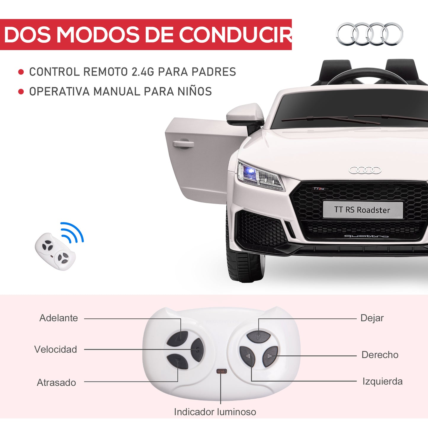 HOMCOM Coche Eléctrico para Niños de 3+ Años Audi TT Eléctrico Infantil 12V con Velocidad 3 km/h Mando a Distancia Música Luces Doble Apertura de Puerta 102x60x44 cm Blanco