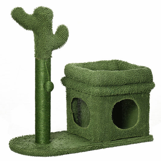 PawHut Árbol Rascador para Gatos Diseño de Cactus Altura 67 cm Torre para Gatos con Cama Caseta de Felpa Poste de Sisal y Bola Colgante 68x30x67 cm Verde