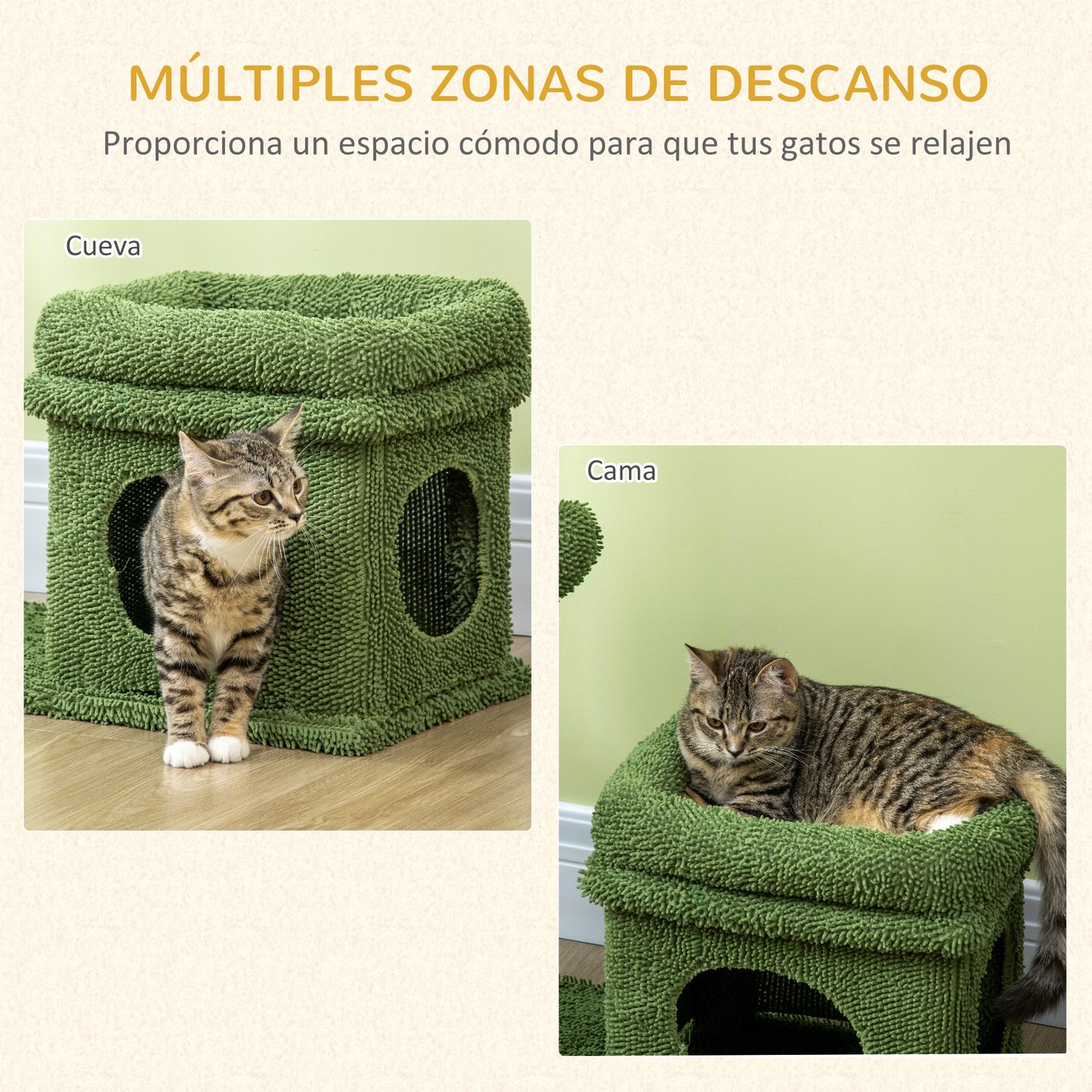 PawHut Árbol Rascador para Gatos Diseño de Cactus Altura 67 cm Torre para Gatos con Cama Caseta de Felpa Poste de Sisal y Bola Colgante 68x30x67 cm Verde