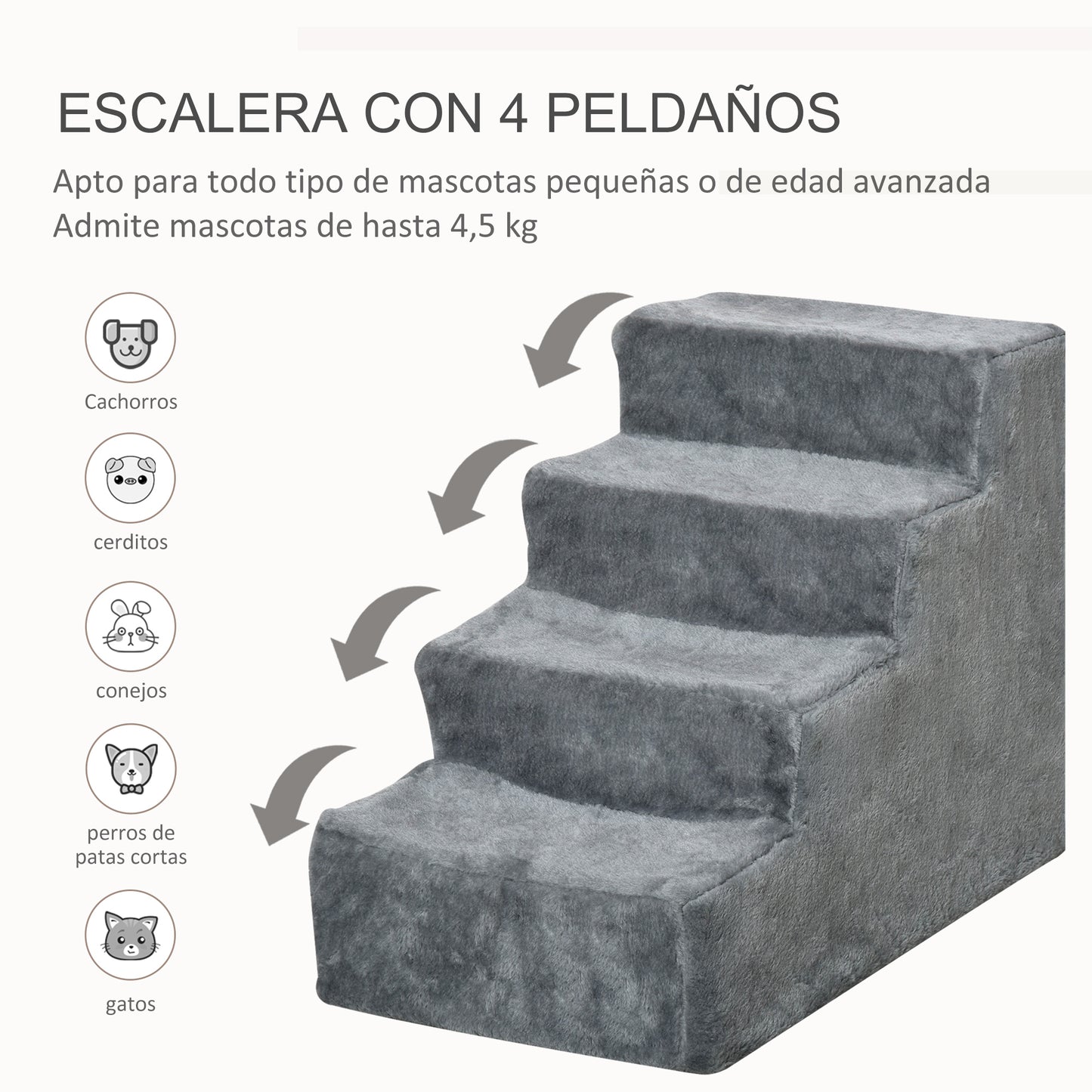 PawHut Escalera para Perros de 4 Peldaños Escalera para Mascotas con Funda Extraíble y Lavable para Cama Sofá 60x35x44 cm Gris