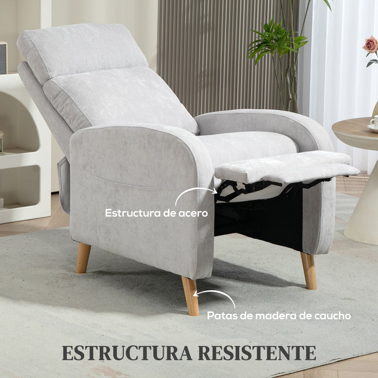 HOMCOM Sillón Relax Reclinable Manual Sillón Relax Tapizado en Lino Sintético con Reposapiés y Bolsillo Lateral Carga 120 kg Sillón Reclinable para Dormitorio Oficina Gris Claro