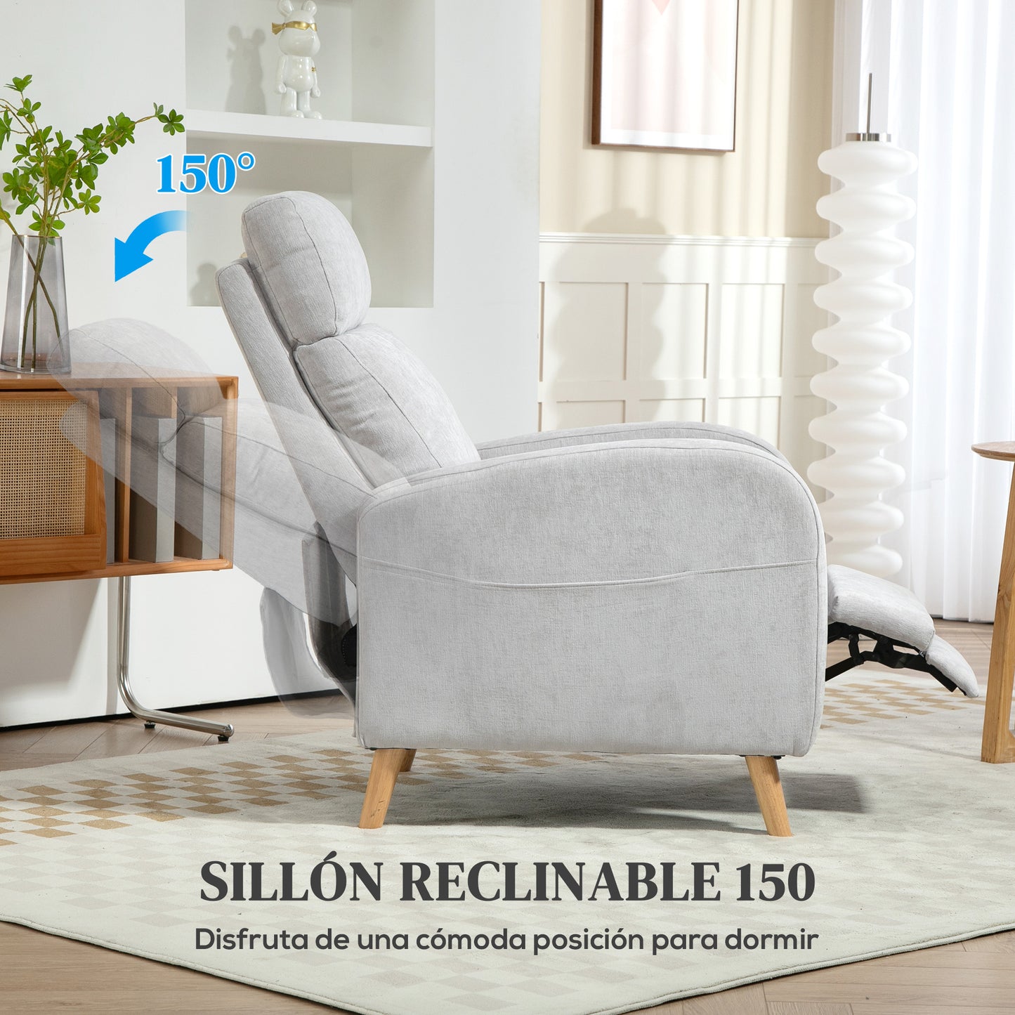 HOMCOM Sillón Relax Reclinable Manual Sillón Relax Tapizado en Lino Sintético con Reposapiés y Bolsillo Lateral Carga 120 kg Sillón Reclinable para Dormitorio Oficina Gris Claro