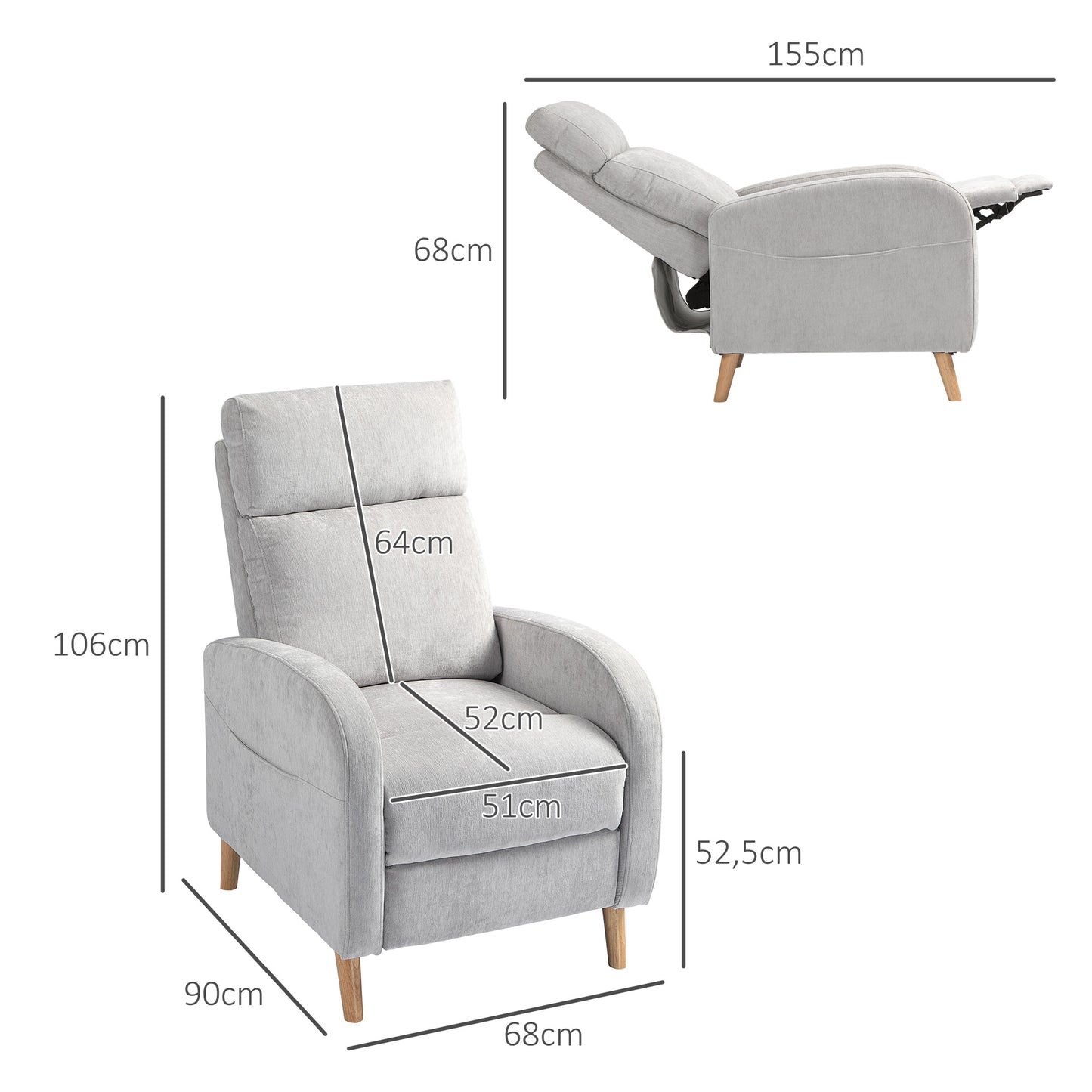 HOMCOM Sillón Relax Reclinable Manual Sillón Relax Tapizado en Lino Sintético con Reposapiés y Bolsillo Lateral Carga 120 kg Sillón Reclinable para Dormitorio Oficina Gris Claro