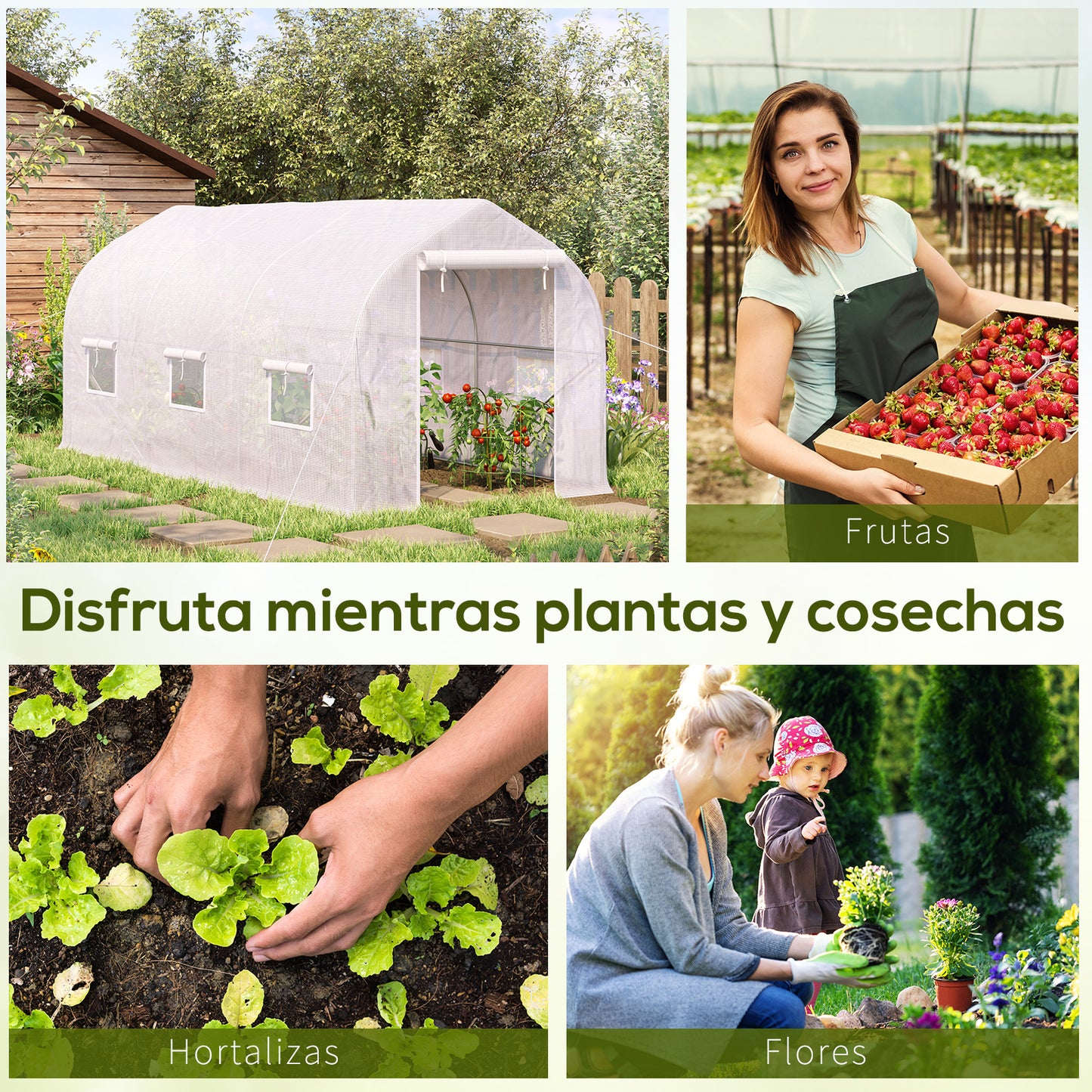 Outsunny Invernadero de Jardín 4x2x2 m Tipo Túnel con 6 Ventanas Transpirables y Puerta Enrollable con Cremallera Huerto para Cultivo Plantas Verduras Blanco