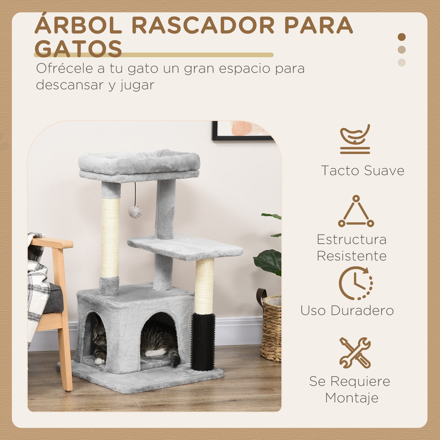 PawHut Árbol Rascador para Gatos Medianos Altura 85 cm Árbol para Gatos con Nido Plataforma Bola Colgante Juguete Rascador y Postes de Sisal 48x48x85 cm Gris