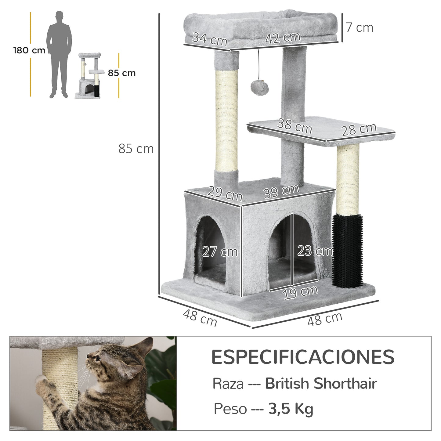 PawHut Árbol Rascador para Gatos Medianos Altura 85 cm Árbol para Gatos con Nido Plataforma Bola Colgante Juguete Rascador y Postes de Sisal 48x48x85 cm Gris