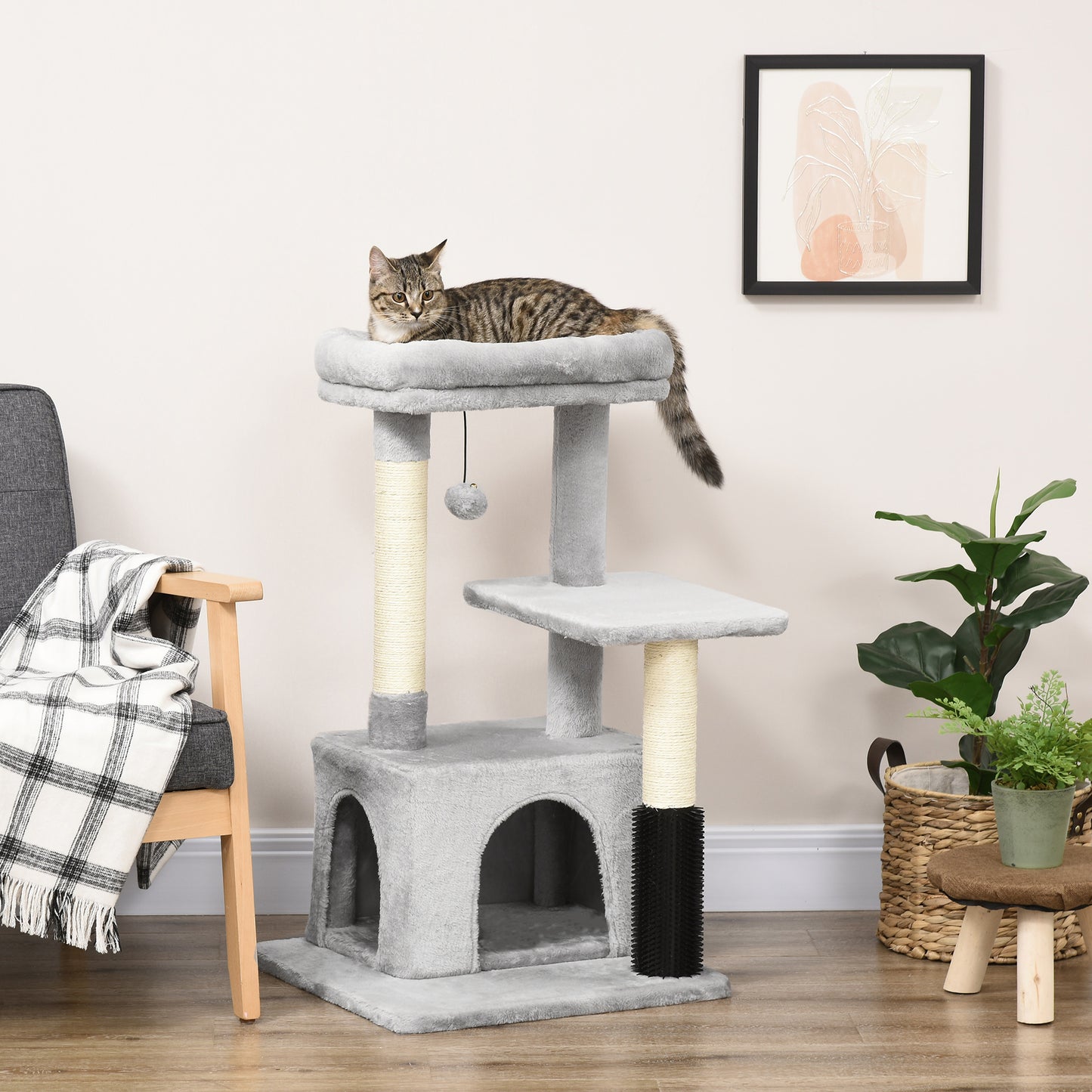 PawHut Árbol Rascador para Gatos Medianos Altura 85 cm Árbol para Gatos con Nido Plataforma Bola Colgante Juguete Rascador y Postes de Sisal 48x48x85 cm Gris