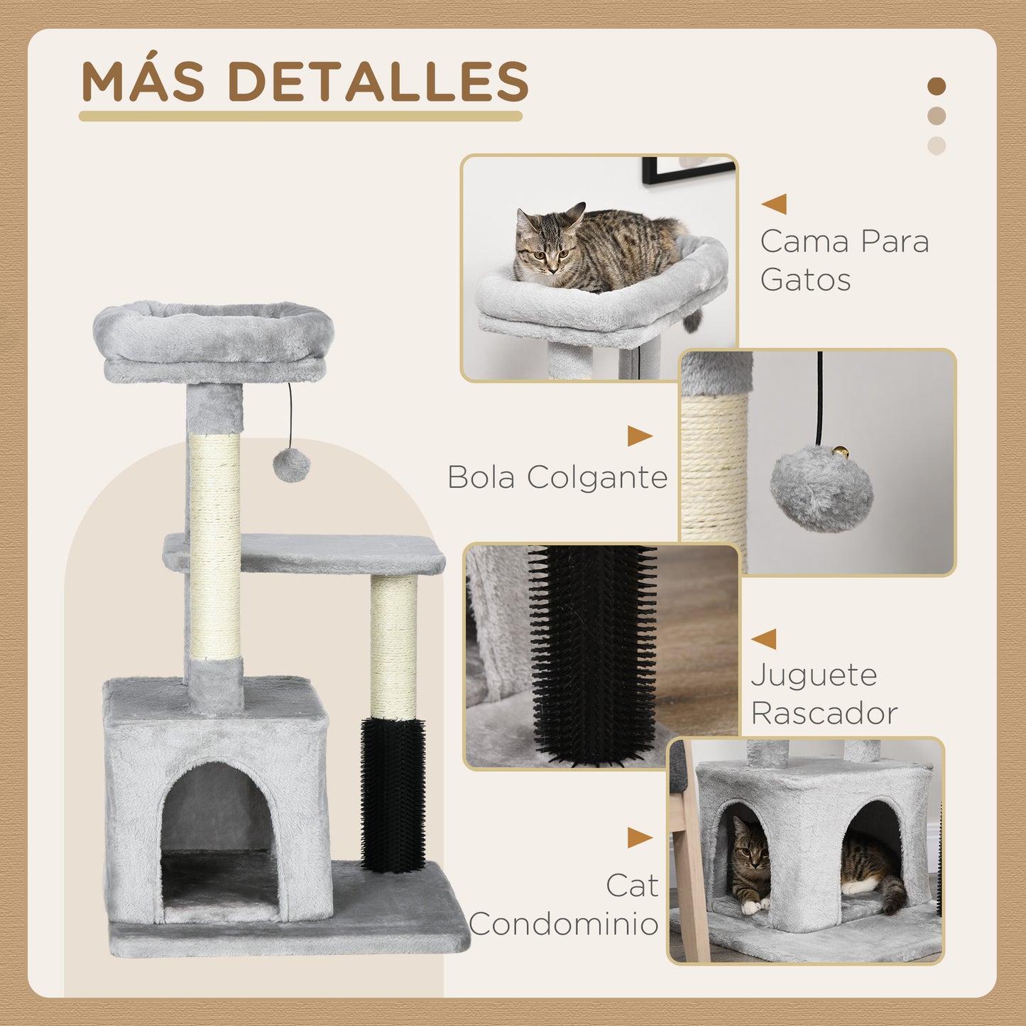 PawHut Árbol Rascador para Gatos Medianos Altura 85 cm Árbol para Gatos con Nido Plataforma Bola Colgante Juguete Rascador y Postes de Sisal 48x48x85 cm Gris