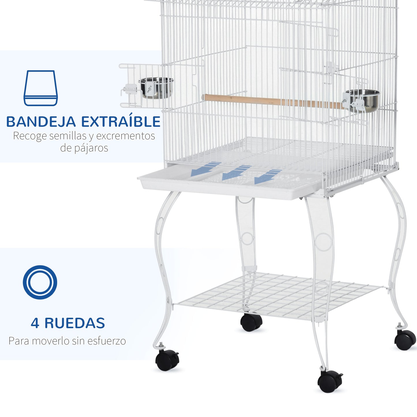 PawHut Jaula para Pájaros con Ruedas Jaula Grande con Soporte 50x49x137 cm con Bandeja Extraíble Puertas Comederos Perchas y Estante Inferior para Canarios Periquitos Blanco