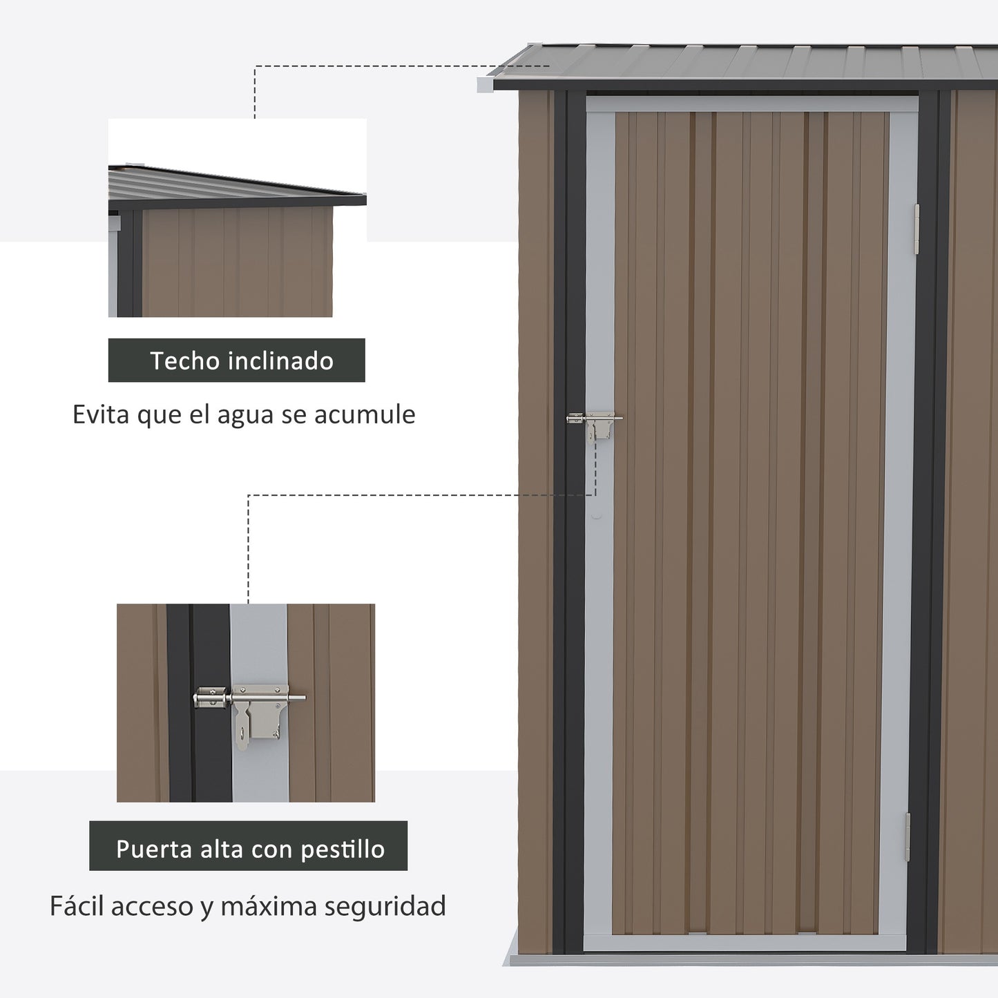 Outsunny Caseta de Jardín 1,07 m² 142x84x189 cm Cobertizo Exterior Metálico con Puerta Cerradura y Orificios de Drenaje para Almacenamiento de Herramientas Marrón