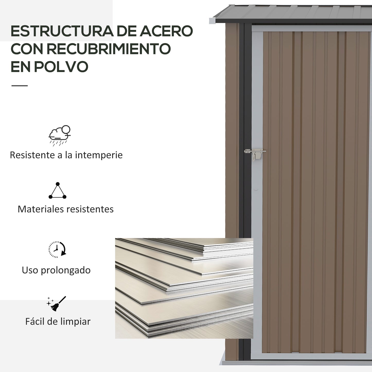 Outsunny Caseta de Jardín 1,07 m² 142x84x189 cm Cobertizo Exterior Metálico con Puerta Cerradura y Orificios de Drenaje para Almacenamiento de Herramientas Marrón