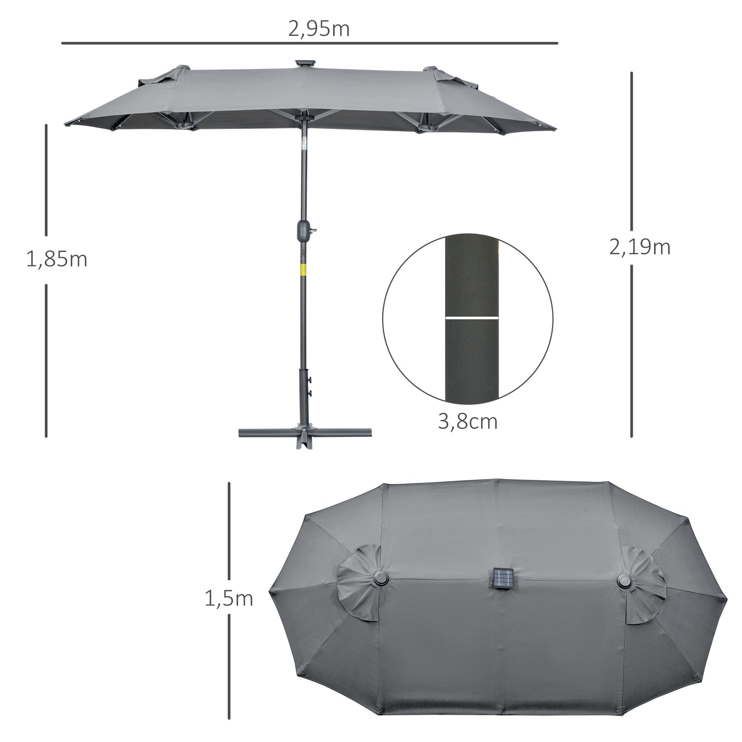 Outsunny Sombrilla Doble 295x150x219 cm Sombrilla de Jardín con Luces LED Solares Techo con Inclinación Ajustable y Manivela Manual para Patio Piscina Playa Gris