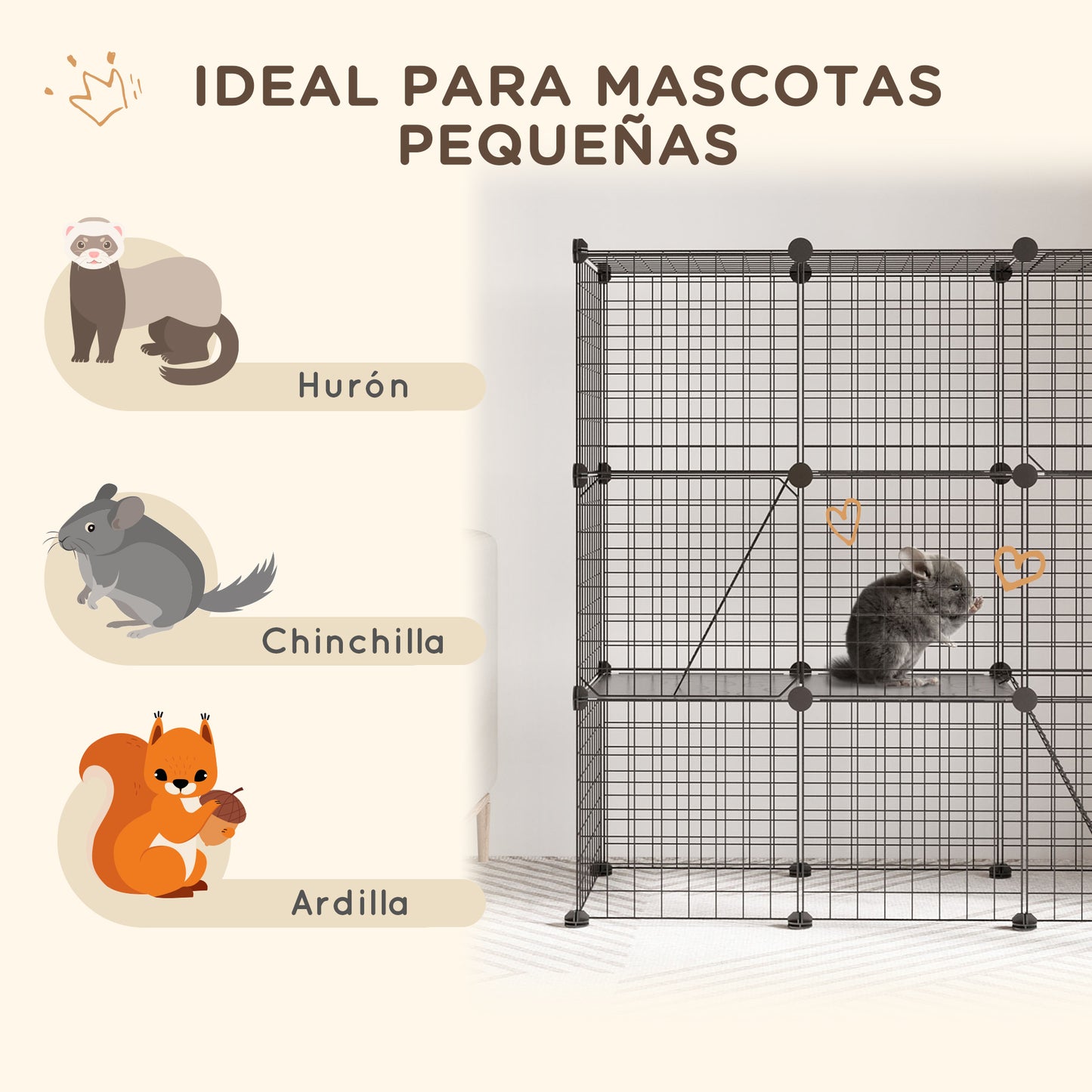 PawHut Jaula para Animales Pequeños de 31 Paneles Parque para Mascotas en Bricolaje con Rampa Corralito para Cobayas Conejos Chinchillas 105x45x105 cm Negro