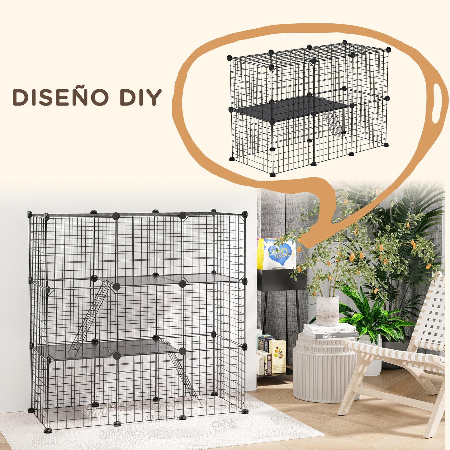 PawHut Jaula para Animales Pequeños de 31 Paneles Parque para Mascotas en Bricolaje con Rampa Corralito para Cobayas Conejos Chinchillas 105x45x105 cm Negro