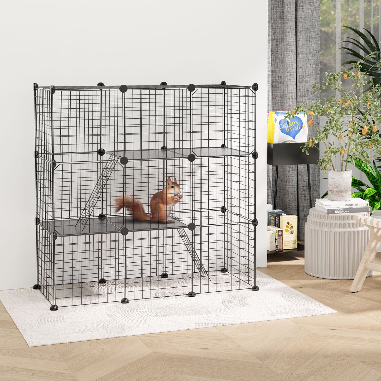 PawHut Jaula para Animales Pequeños de 31 Paneles Parque para Mascotas en Bricolaje con Rampa Corralito para Cobayas Conejos Chinchillas 105x45x105 cm Negro