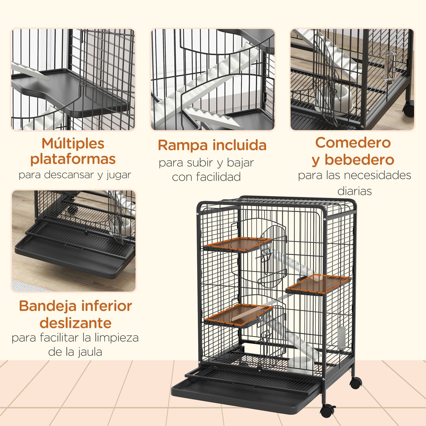 PawHut Jaula para Animales Pequeños Jaula para Roedores con Ruedas Rampa Cuenco Botella de Agua y Bandeja Extraíble Recinto para Conejos Chinchillas Hurones 61,5x44,5x95 cm Negro