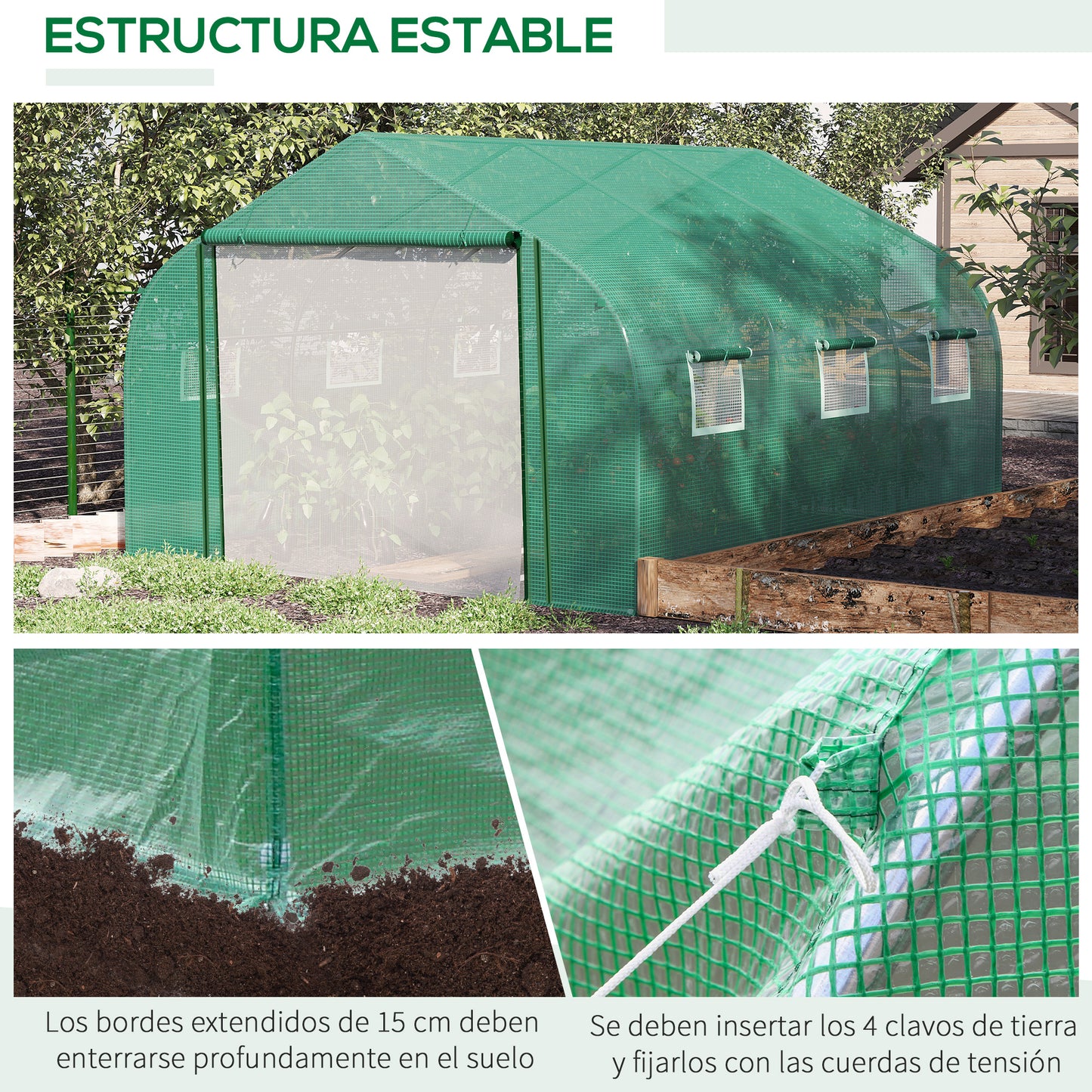 Outsunny Invernadero de Túnel 3,5x3x2 m Invernadero de Jardín con Puerta y 6 Ventanas Enrollables de Polietileno PE 140 g/m² Metal Galvanizado para Cultivos Plantas Flores Verde