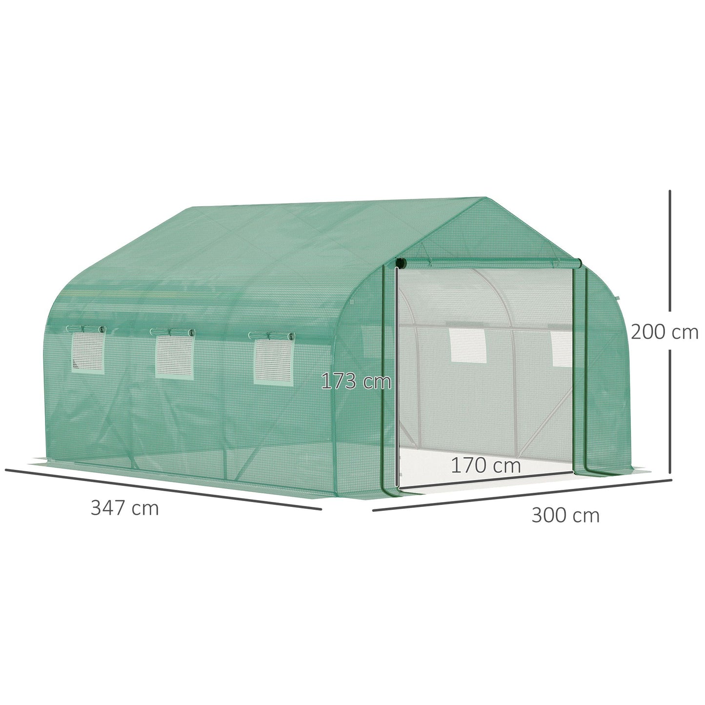 Outsunny Invernadero de Túnel 3,5x3x2 m Invernadero de Jardín con Puerta y 6 Ventanas Enrollables de Polietileno PE 140 g/m² Metal Galvanizado para Cultivos Plantas Flores Verde