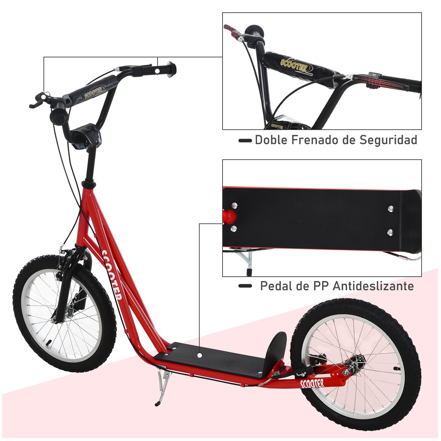 HOMCOM Scooter Patinete para Niños +5 Años y Adolescentes con Manillar Ajustable en Altura 2 Neumáticos de Caucho Inflable con Doble Freno y Ruedas 16" Carga 100 kg 139x58x90-96 cm Rojo