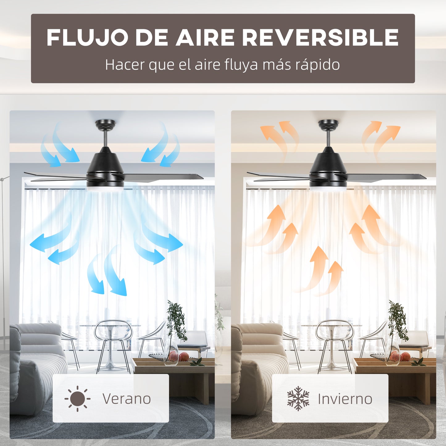 HOMCOM Ventilador de Techo con Luz 46W Ø129 cm Motor DC Ventilador de Techo Silencioso con 4 Aspas Reversibles Mando a Distancia 6 Velocidades y Temporizador para Dormitorio Salón Negro