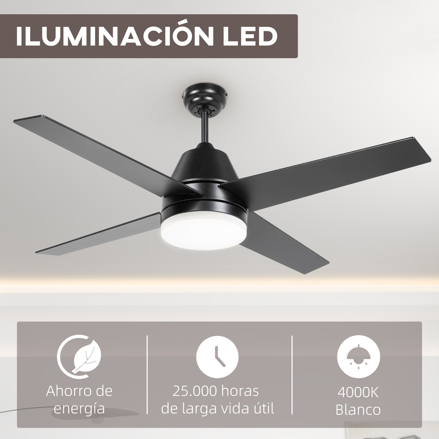 HOMCOM Ventilador de Techo con Luz 46W Ø129 cm Motor DC Ventilador de Techo Silencioso con 4 Aspas Reversibles Mando a Distancia 6 Velocidades y Temporizador para Dormitorio Salón Negro