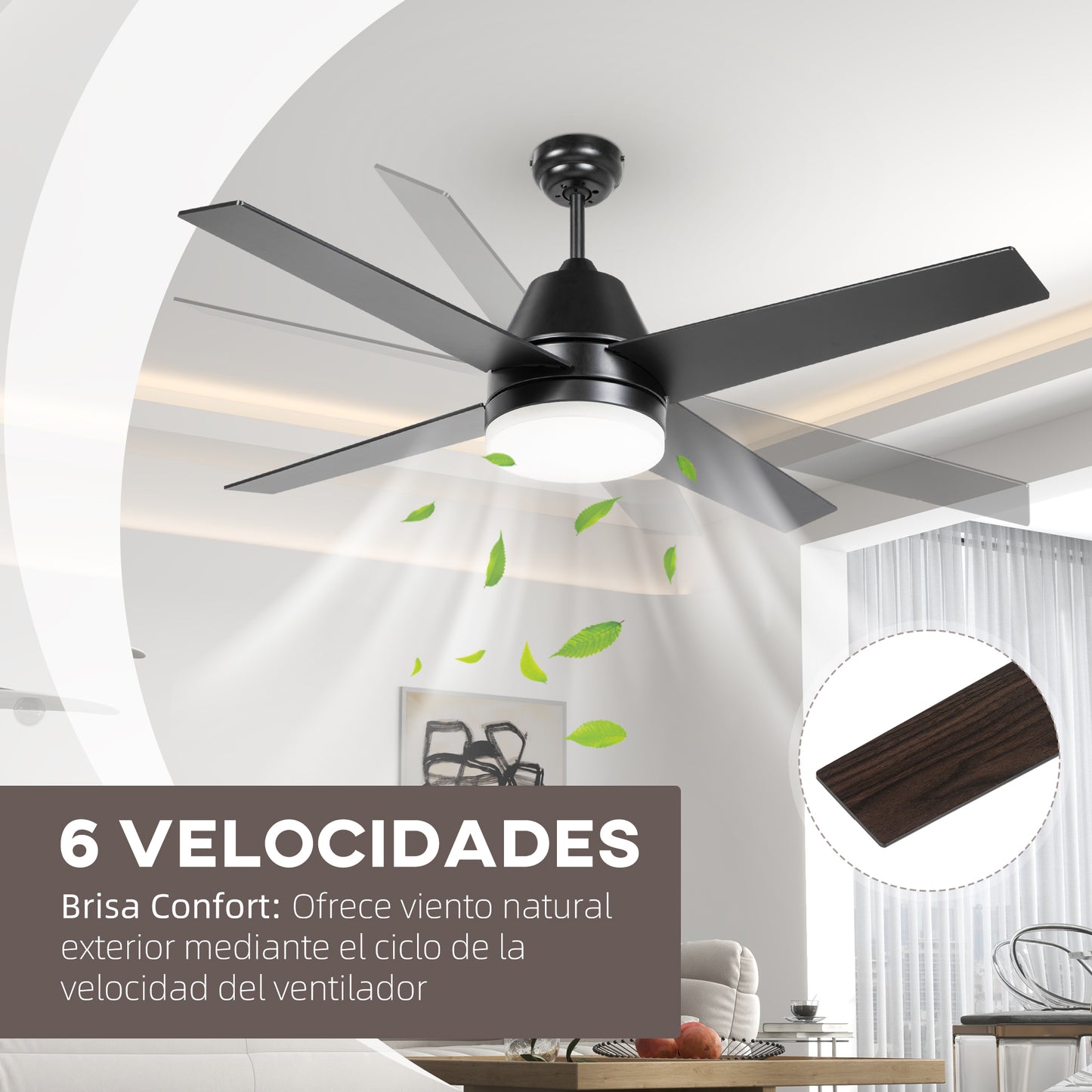 HOMCOM Ventilador de Techo con Luz 46W Ø129 cm Motor DC Ventilador de Techo Silencioso con 4 Aspas Reversibles Mando a Distancia 6 Velocidades y Temporizador para Dormitorio Salón Negro