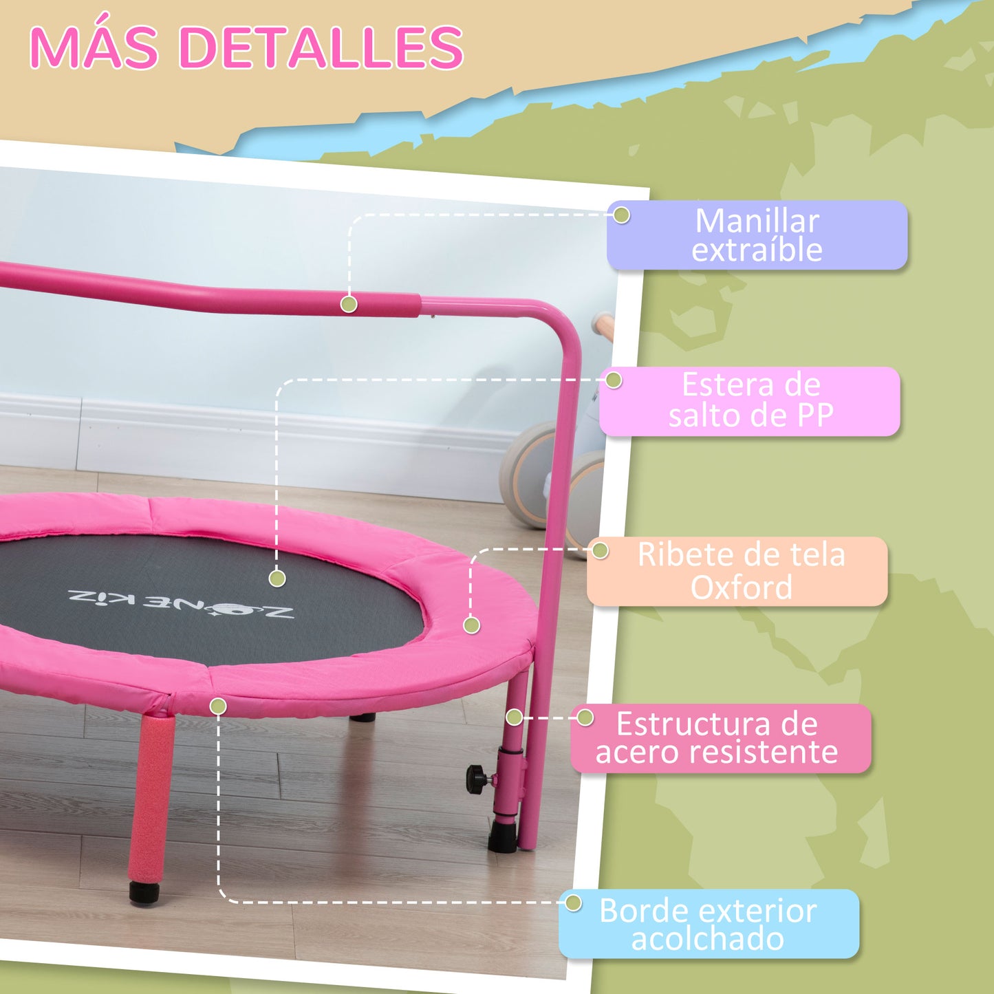 ZONEKIZ 3 en 1 Cama Elástica Infantil Ø66 cm Trampolín para Niños de 1-6 Años con Mango Extraíble Mini Trampolín para Interiores Carga 50 kg Ø96x74 cm Rosa